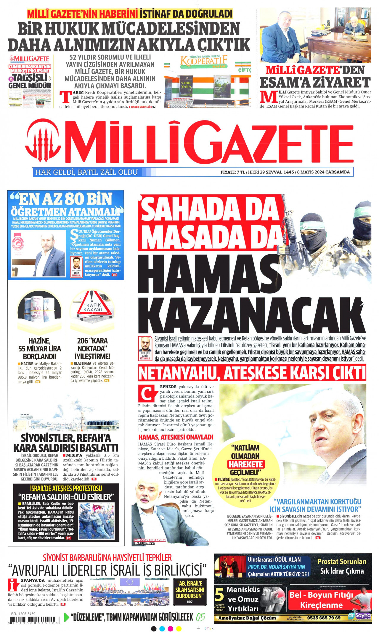 MİLLİ GAZETE gazetesinin 8 Mayıs 2024 tarihli birinci sayfası