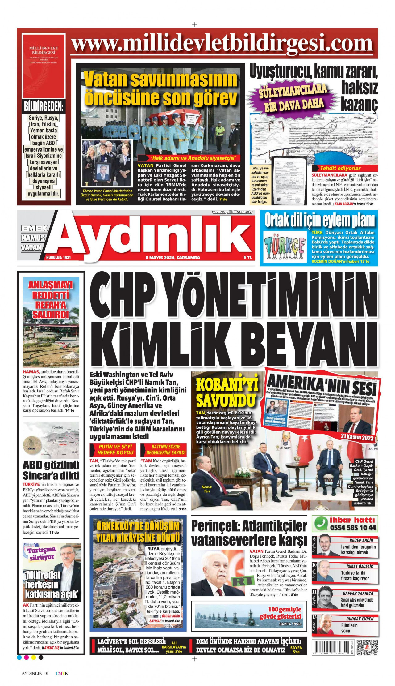 AYDINLIK GAZETESİ gazetesinin 8 Mayıs 2024 tarihli birinci sayfası