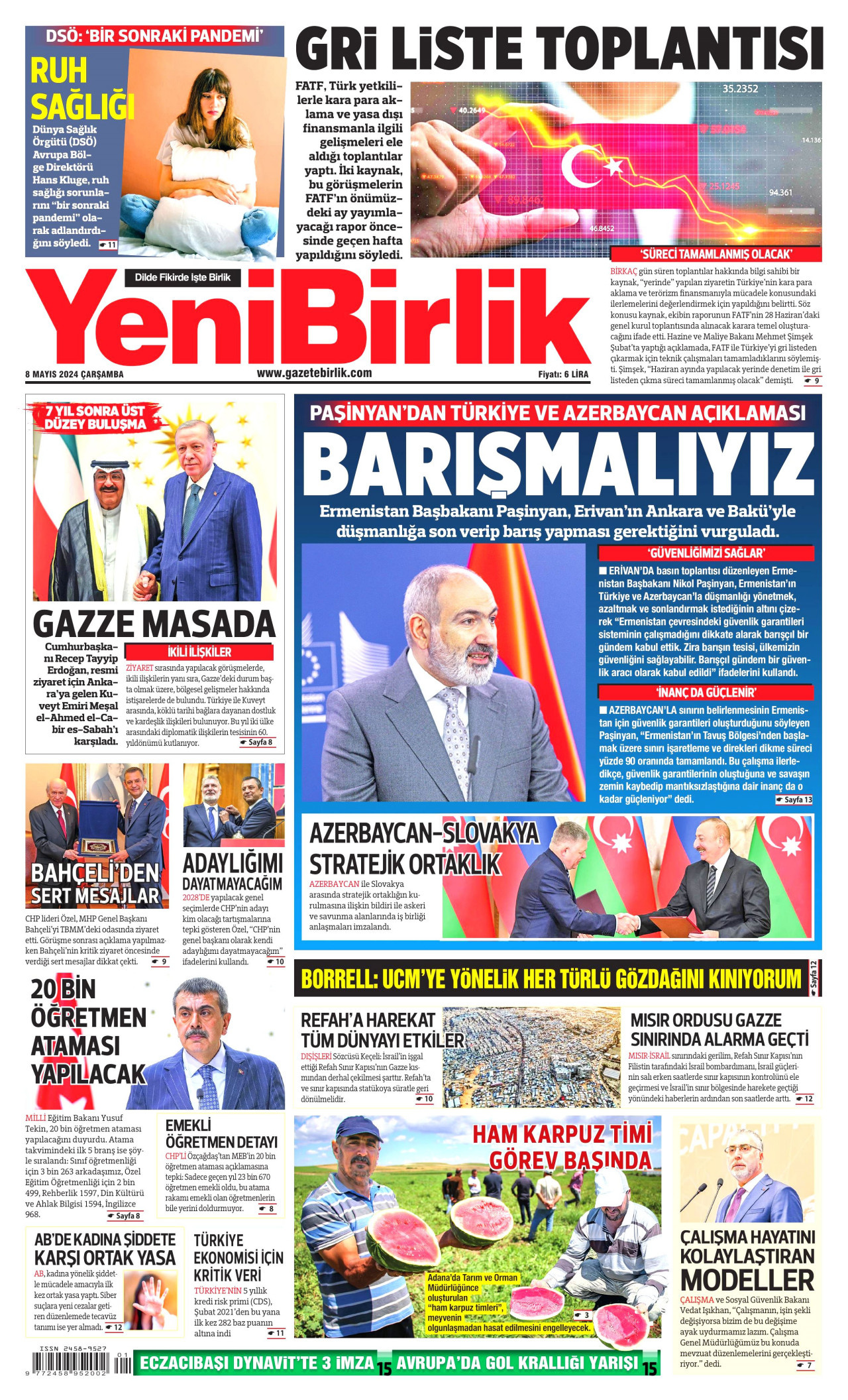 YENİBİRLİK gazetesinin 8 Mayıs 2024 tarihli birinci sayfası