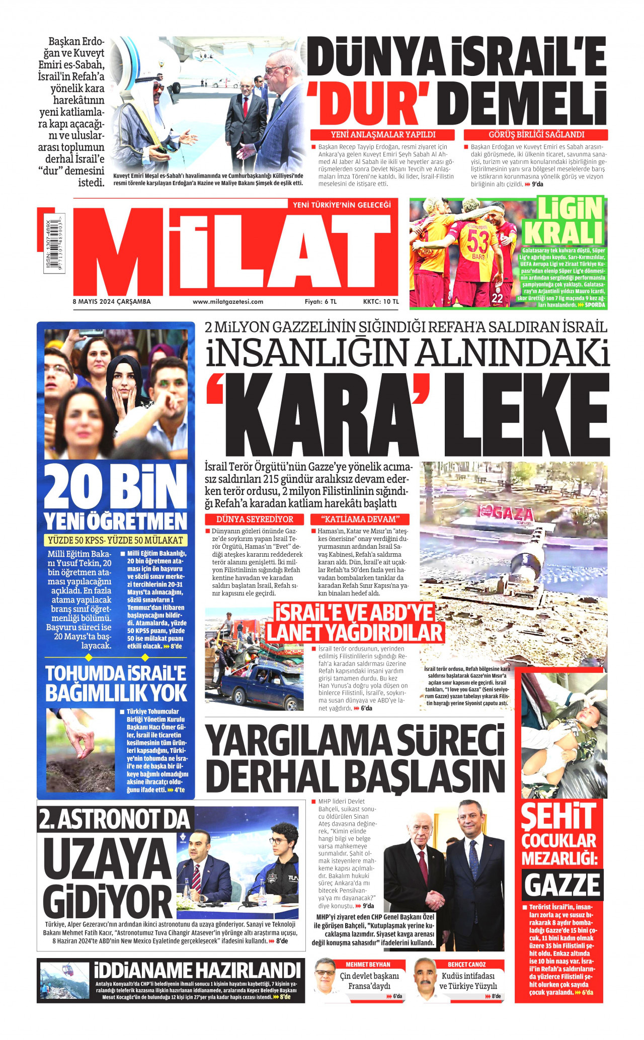 MİLAT gazetesinin 8 Mayıs 2024 tarihli birinci sayfası