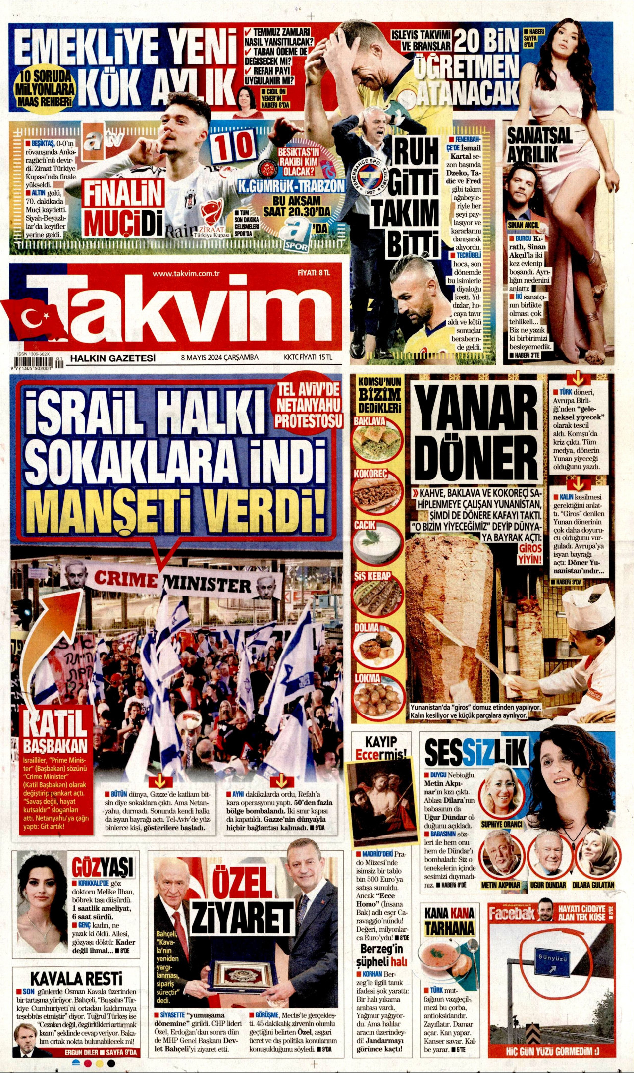 TAKVİM gazetesinin 8 Mayıs 2024 tarihli birinci sayfası