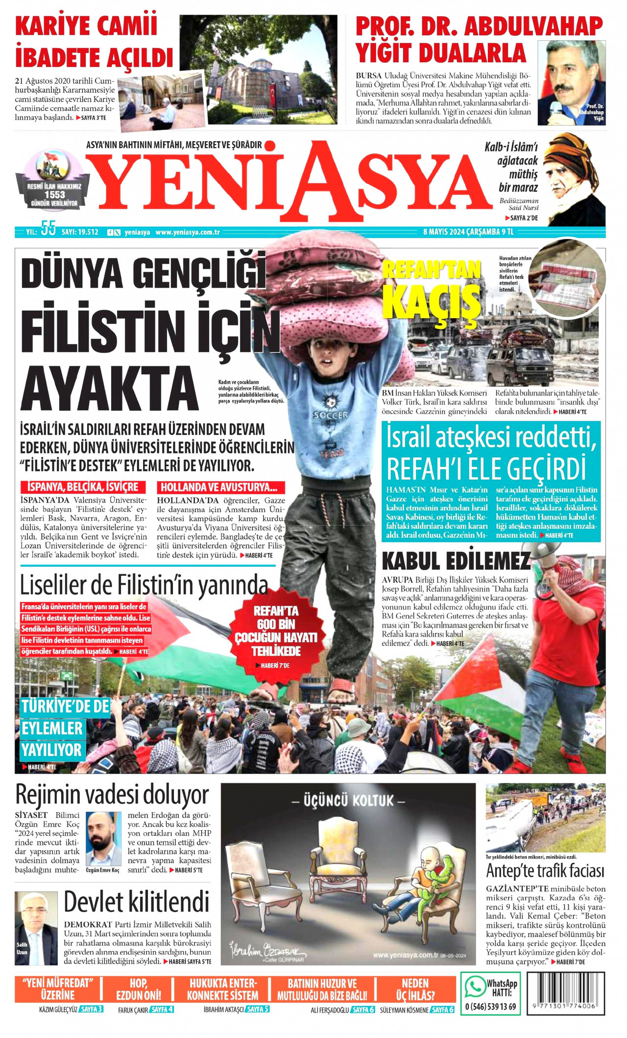 YENİ ASYA gazetesinin 8 Mayıs 2024 tarihli birinci sayfası