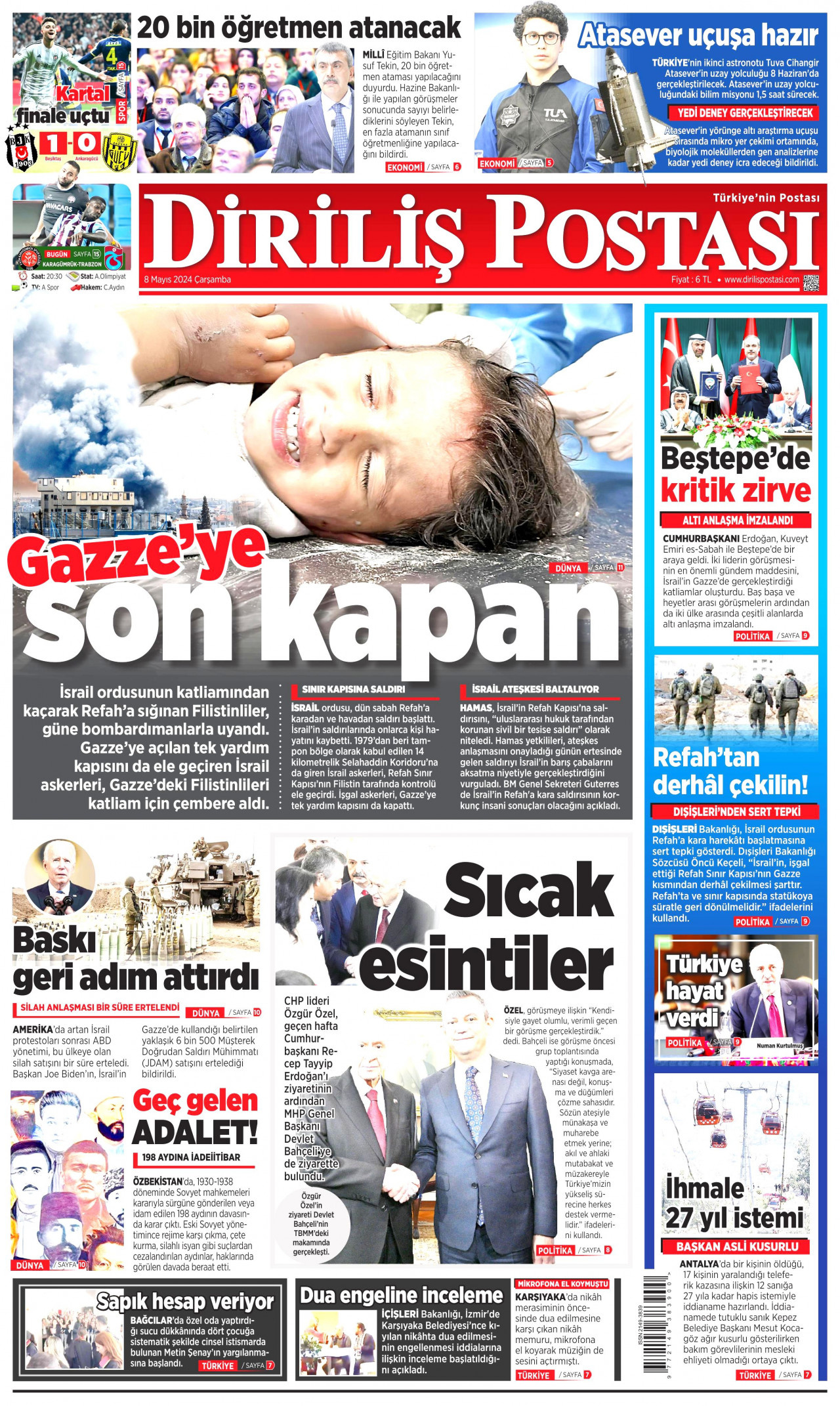 DİRİLİŞ POSTASI gazetesinin 8 Mayıs 2024 tarihli birinci sayfası
