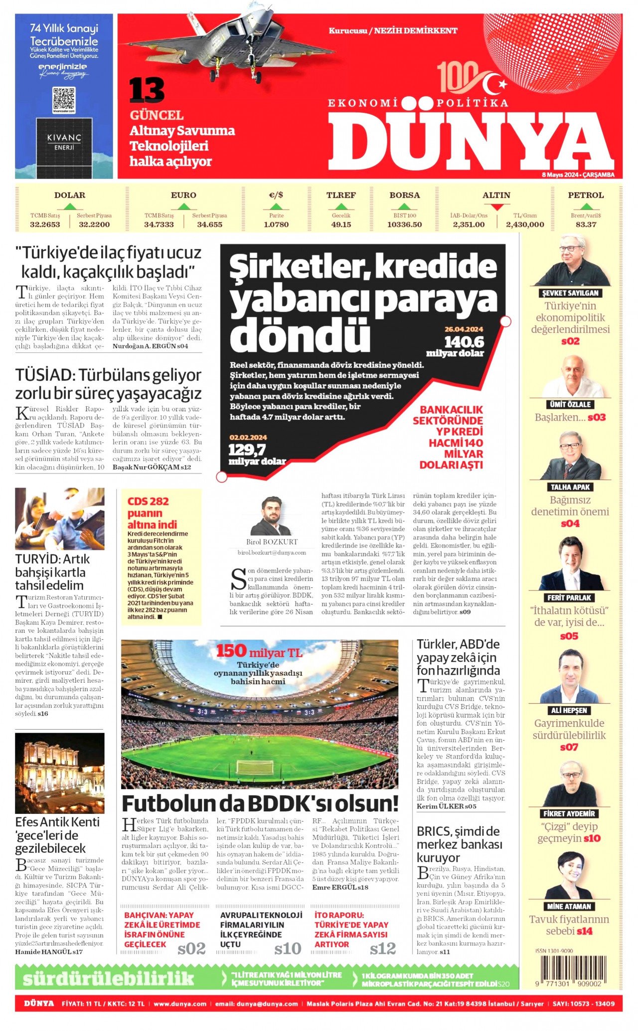 DÜNYA gazetesinin 8 Mayıs 2024 tarihli birinci sayfası