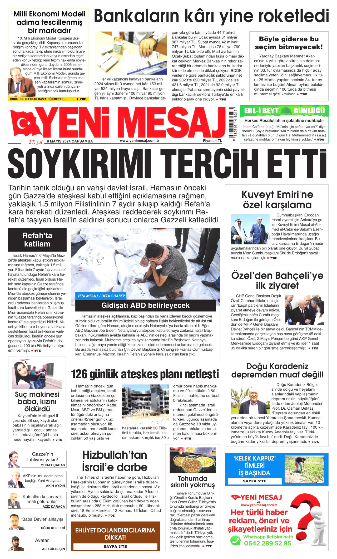 YENİ MESAJ gazetesinin 8 Mayıs 2024 tarihli birinci sayfası
