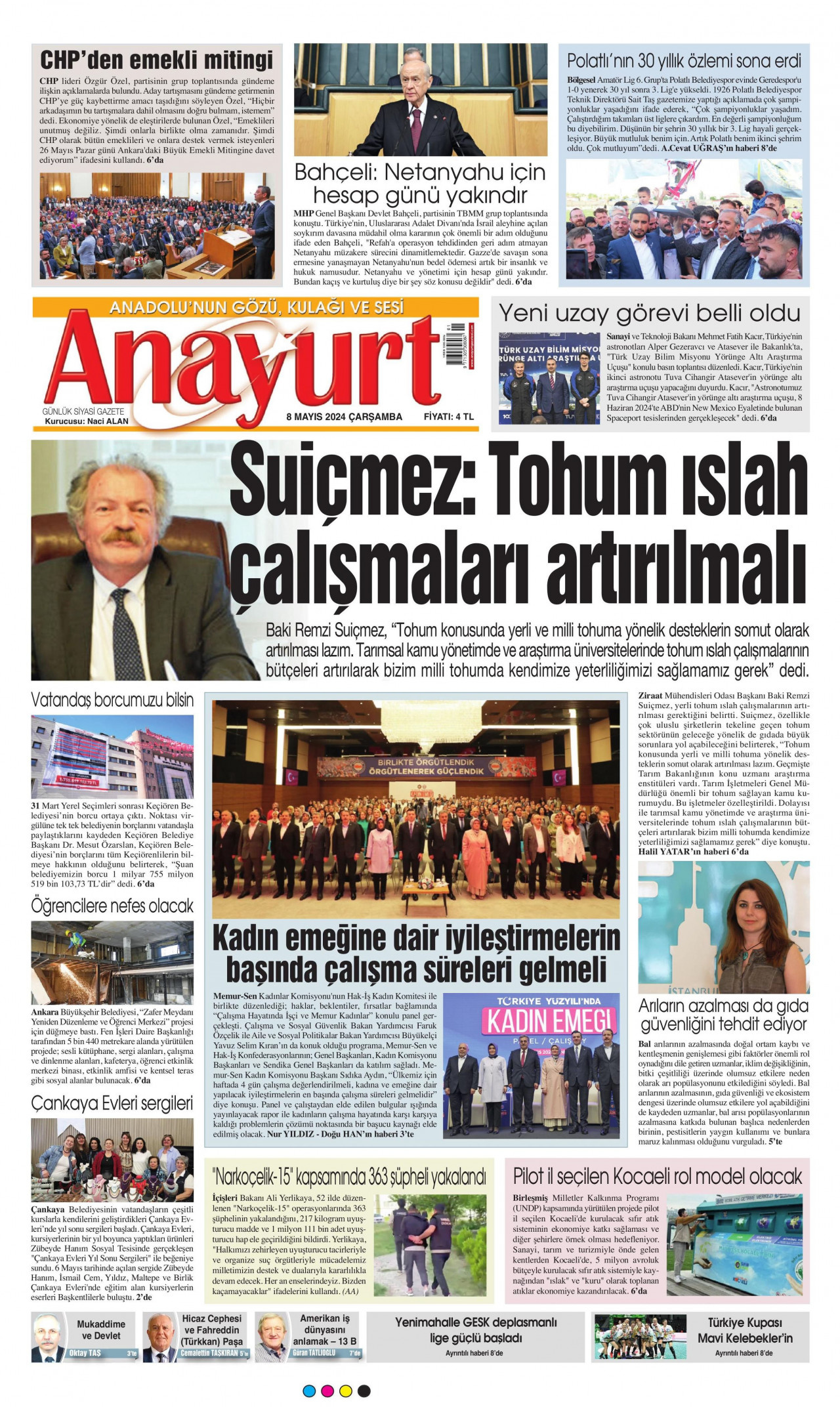 ANAYURT gazetesinin 8 Mayıs 2024 tarihli birinci sayfası