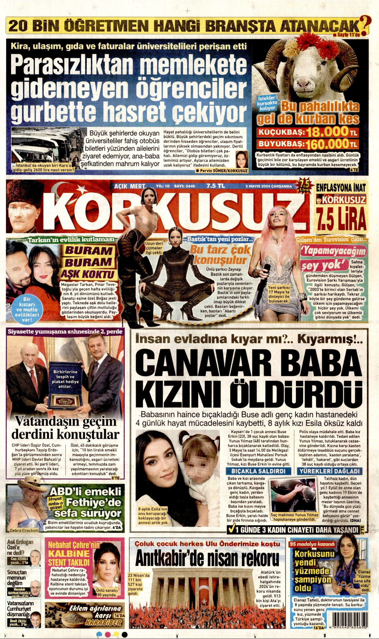 KORKUSUZ gazetesinin 8 Mayıs 2024 tarihli birinci sayfası