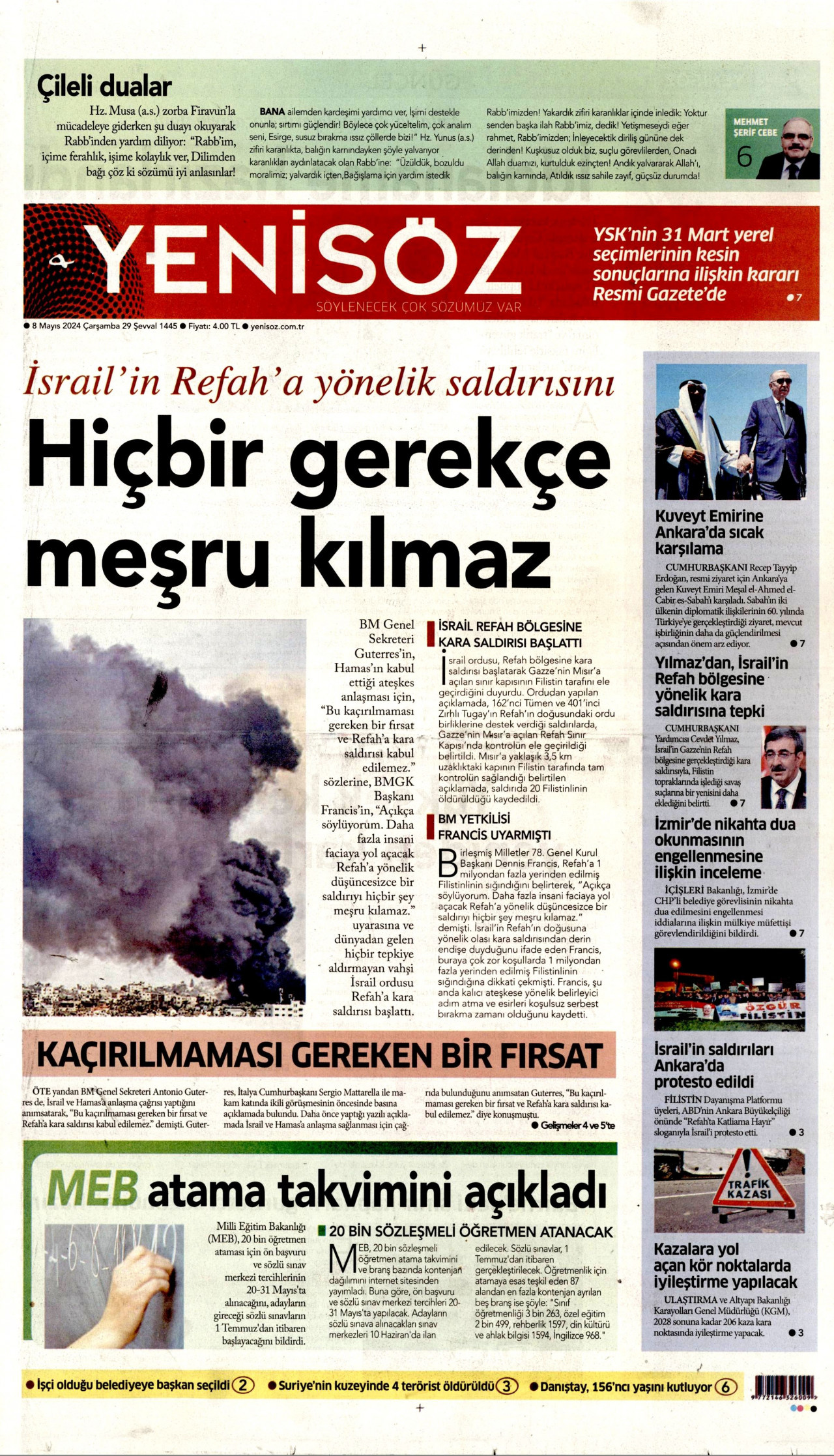 YENİ SÖZ GAZETESİ gazetesinin 8 Mayıs 2024 tarihli birinci sayfası