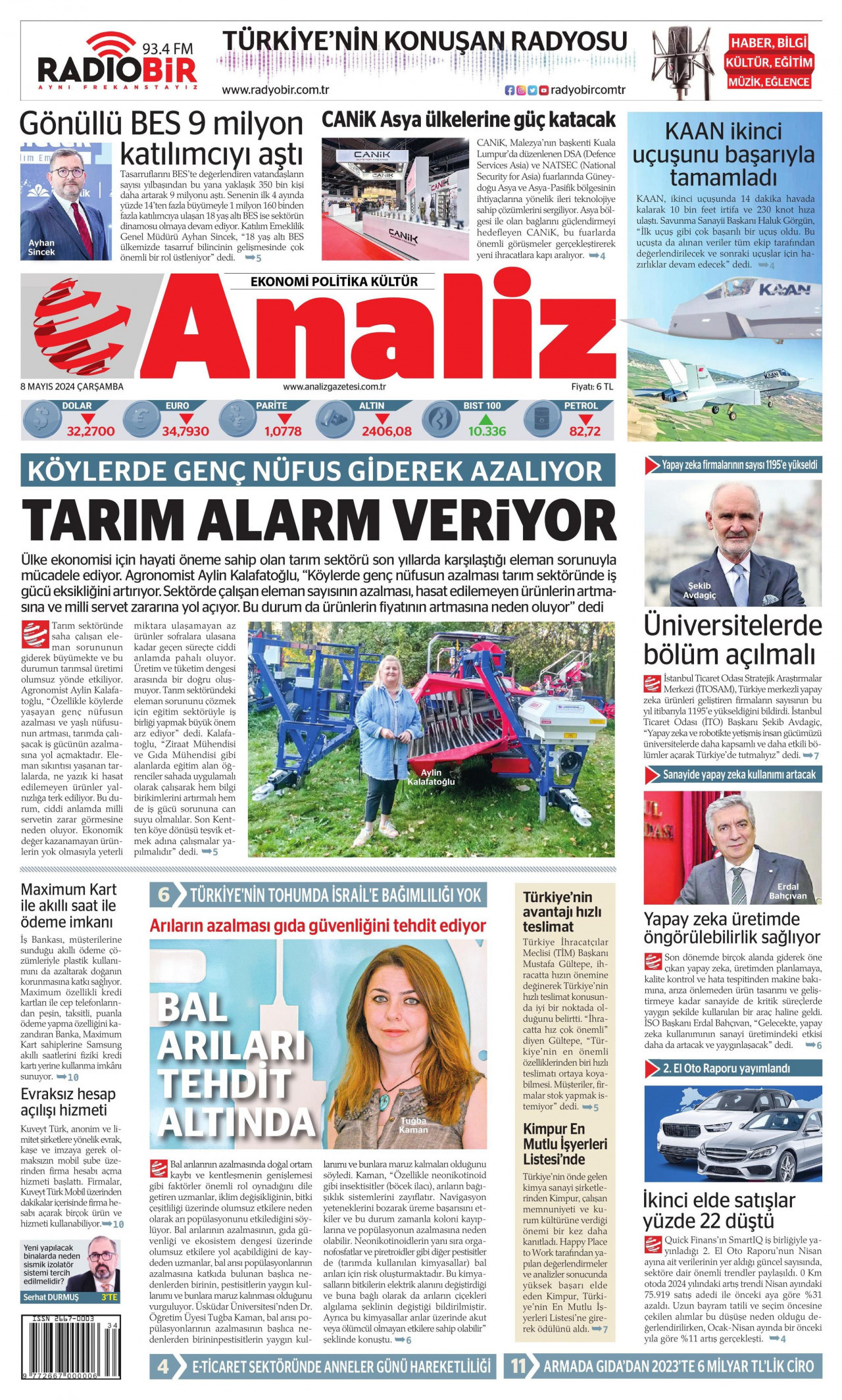 ANALİZ gazetesinin 8 Mayıs 2024 tarihli birinci sayfası