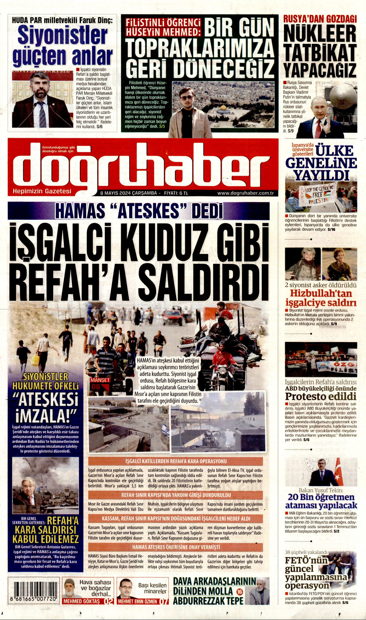 DOĞRU HABER gazetesinin 8 Mayıs 2024 tarihli birinci sayfası