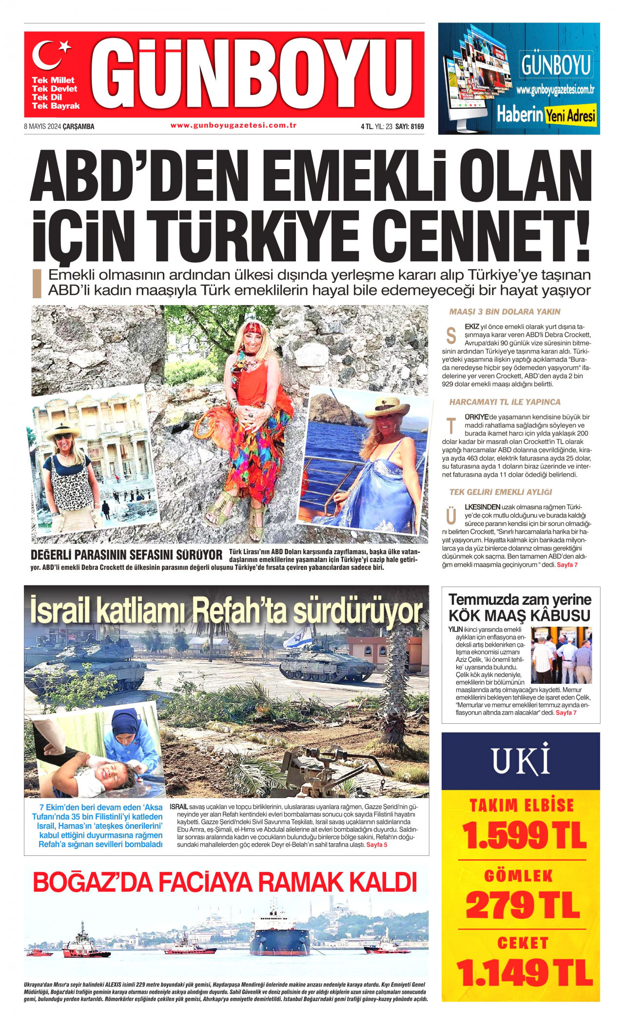 GÜNBOYU gazetesinin 8 Mayıs 2024 tarihli birinci sayfası