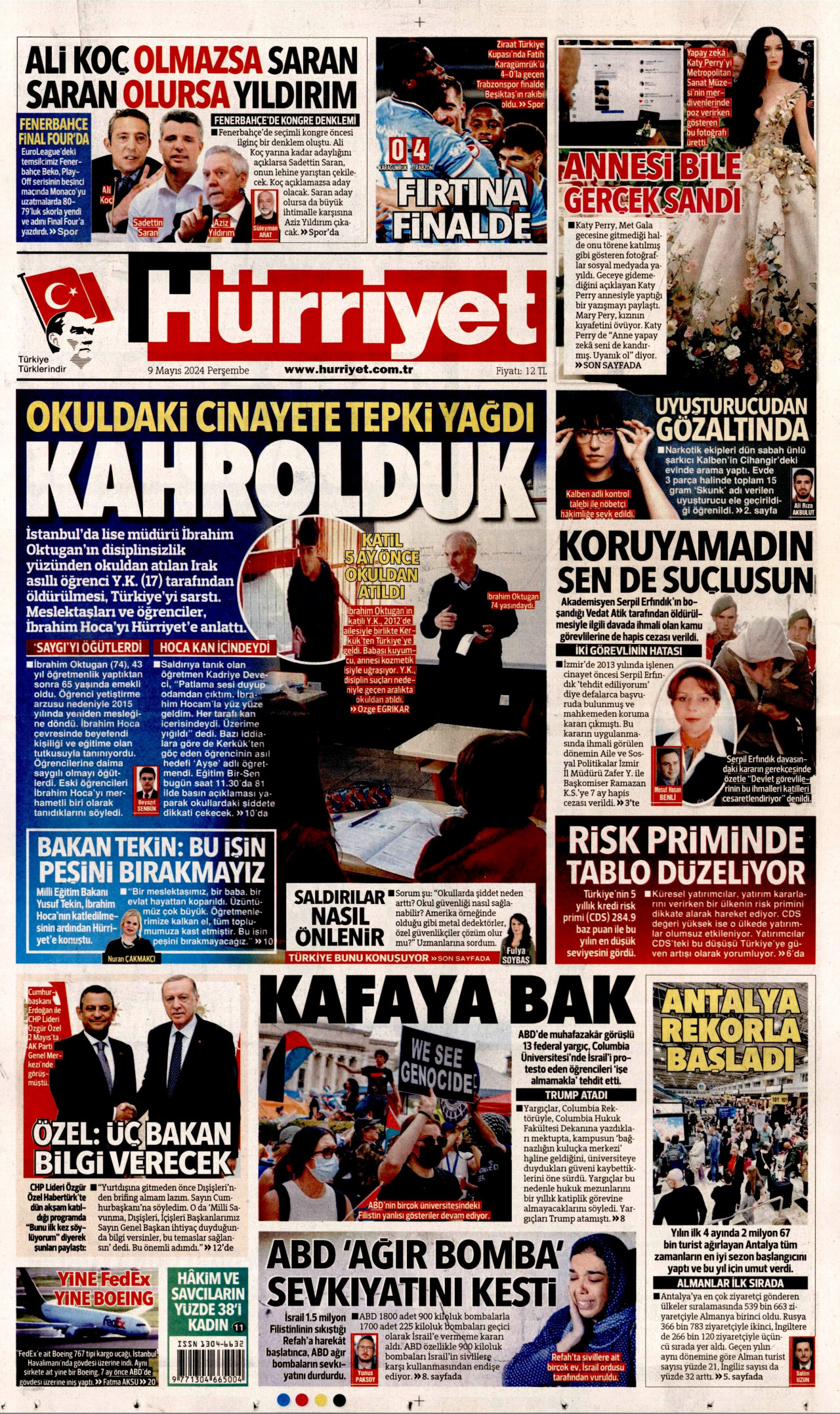 HÜRRİYET gazetesinin 9 Mayıs 2024 tarihli birinci sayfası