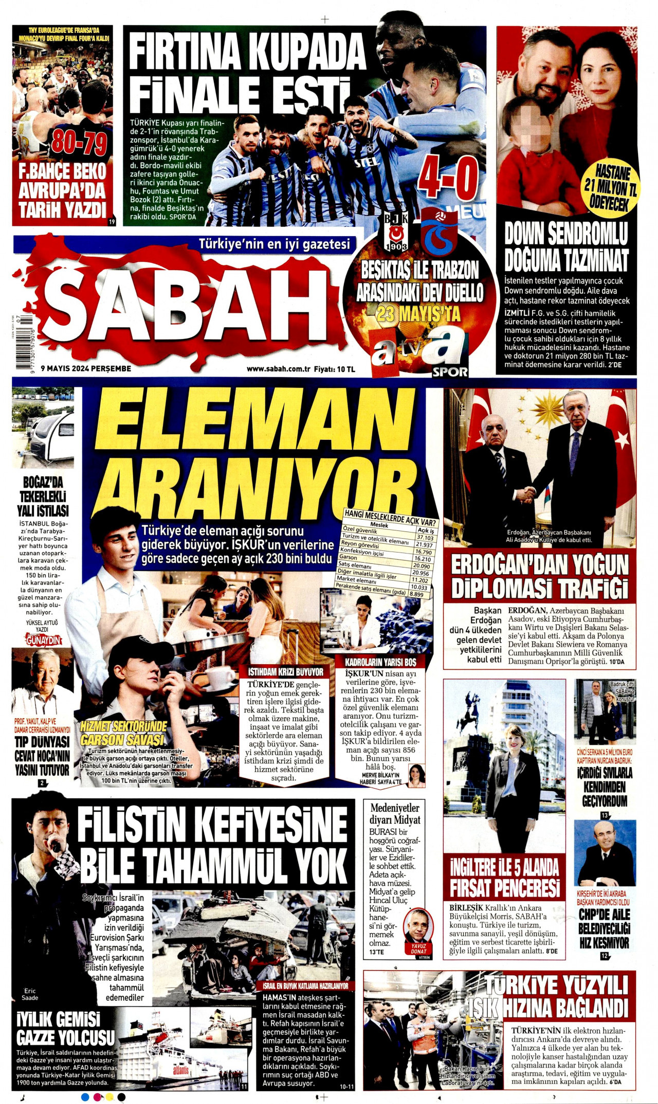 SABAH gazetesinin 9 Mayıs 2024 tarihli birinci sayfası