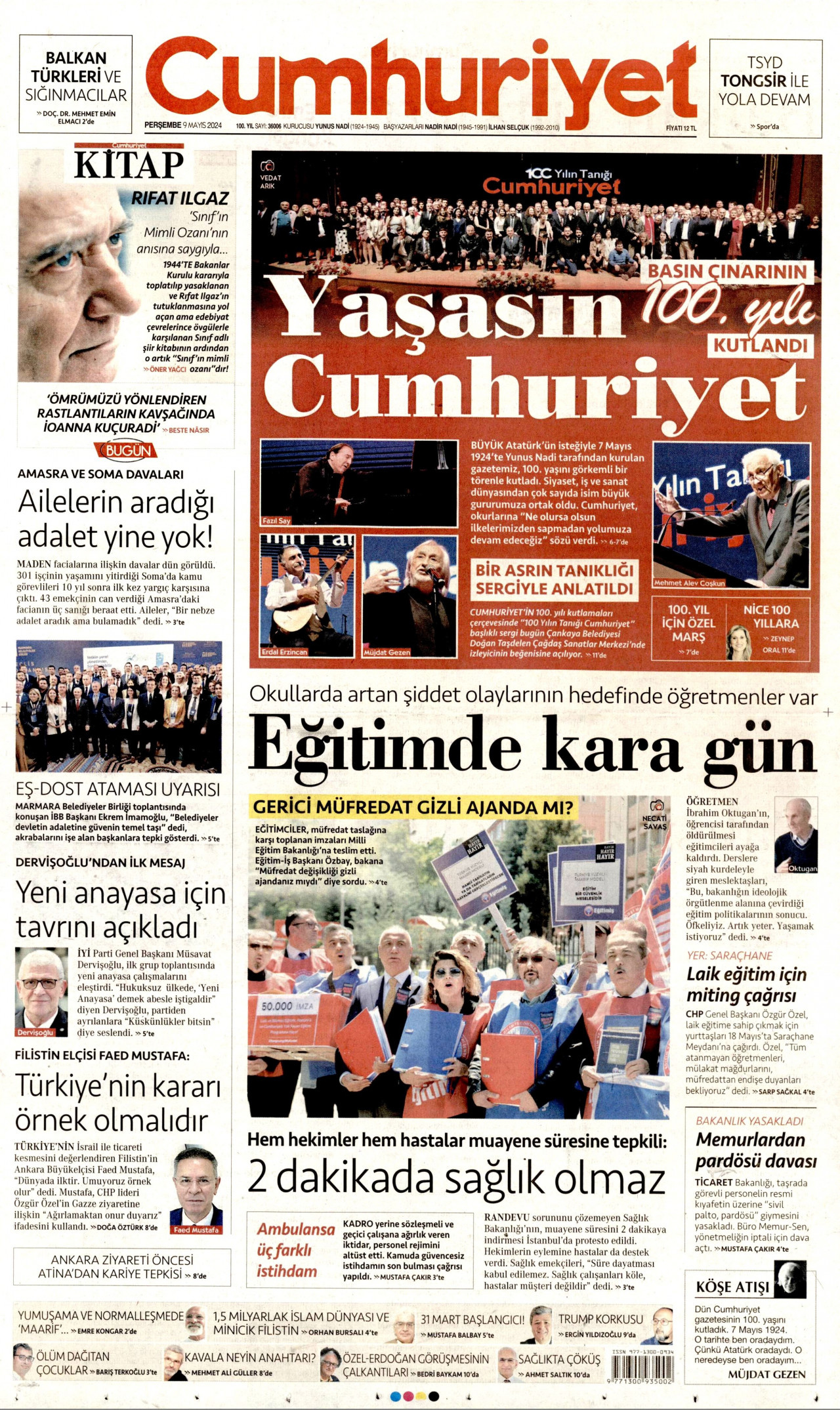 CUMHURİYET gazetesinin 9 Mayıs 2024 tarihli birinci sayfası