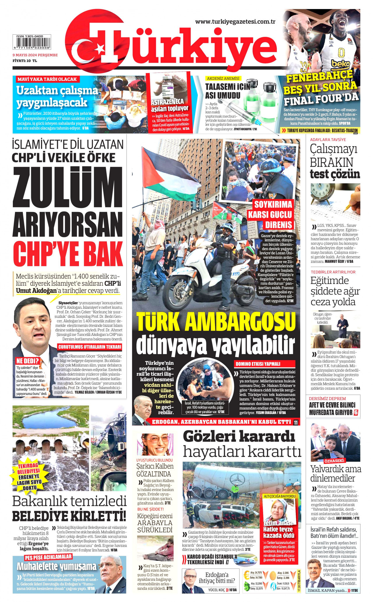 TÜRKİYE GAZETESİ gazetesinin 9 Mayıs 2024 tarihli birinci sayfası