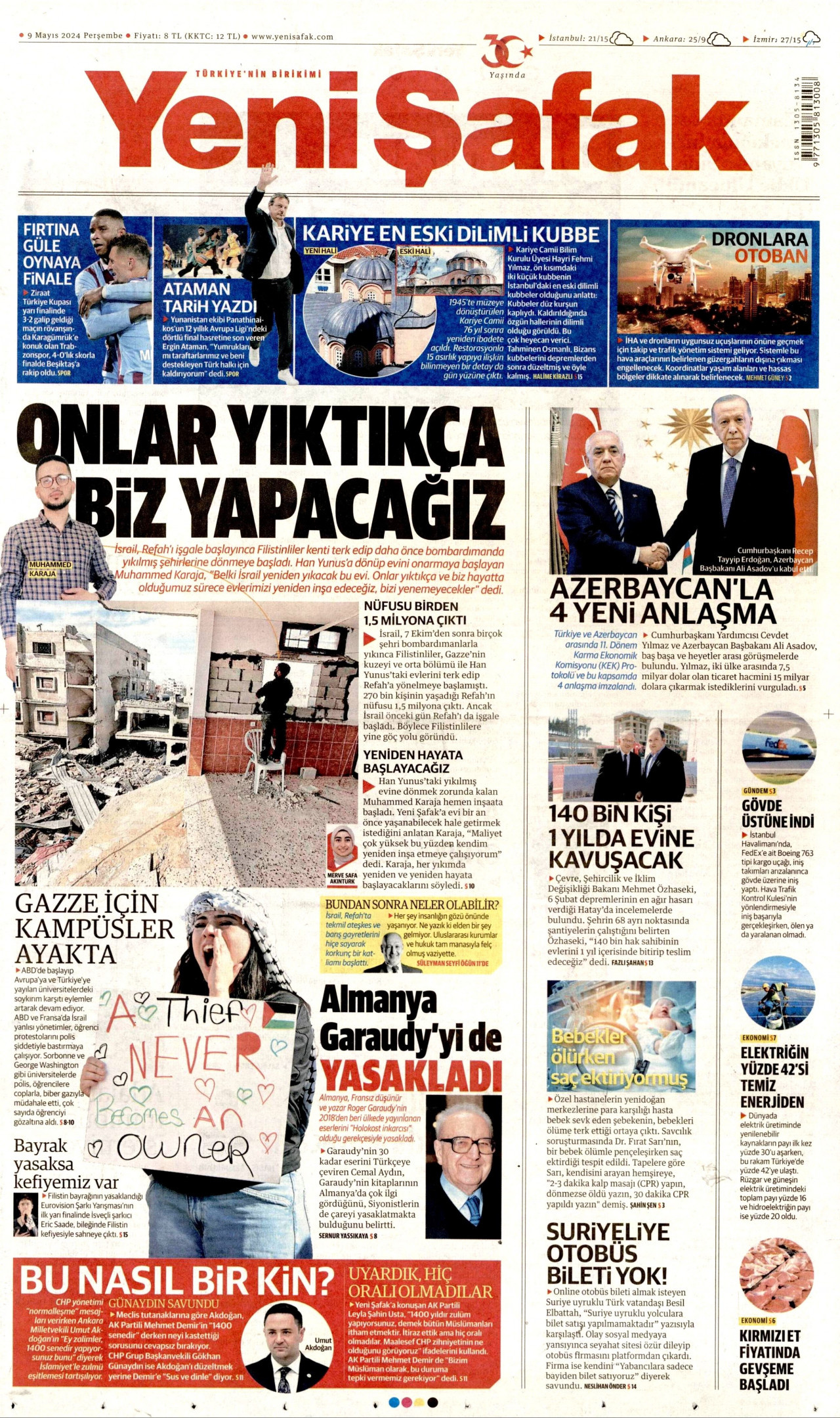 YENİ ŞAFAK gazetesinin 9 Mayıs 2024 tarihli birinci sayfası