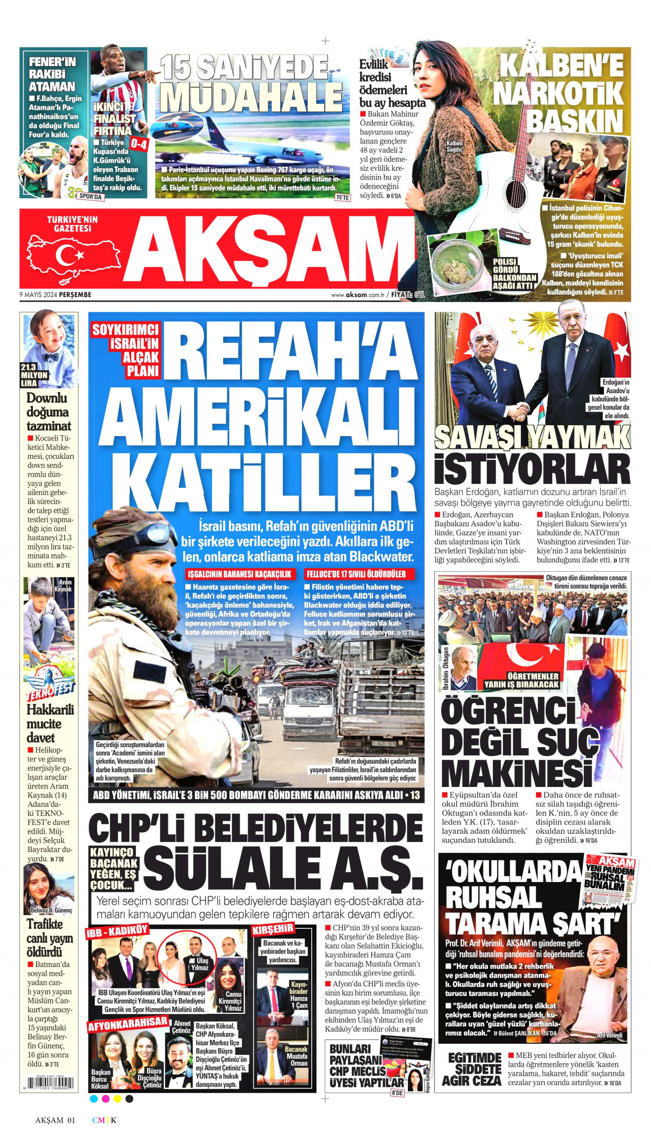 AKŞAM gazetesinin 9 Mayıs 2024 tarihli birinci sayfası