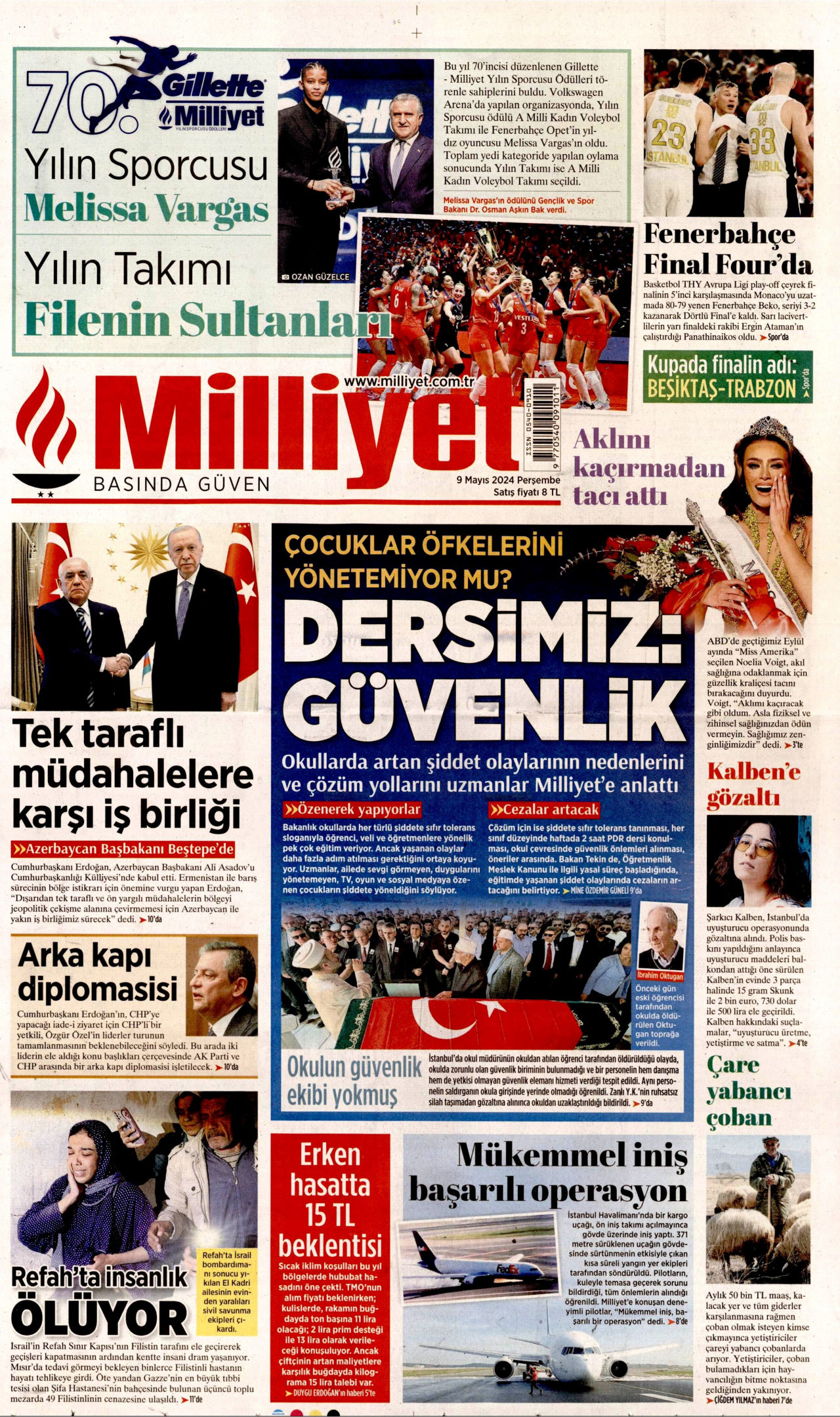 MİLLİYET gazetesinin 9 Mayıs 2024 tarihli birinci sayfası