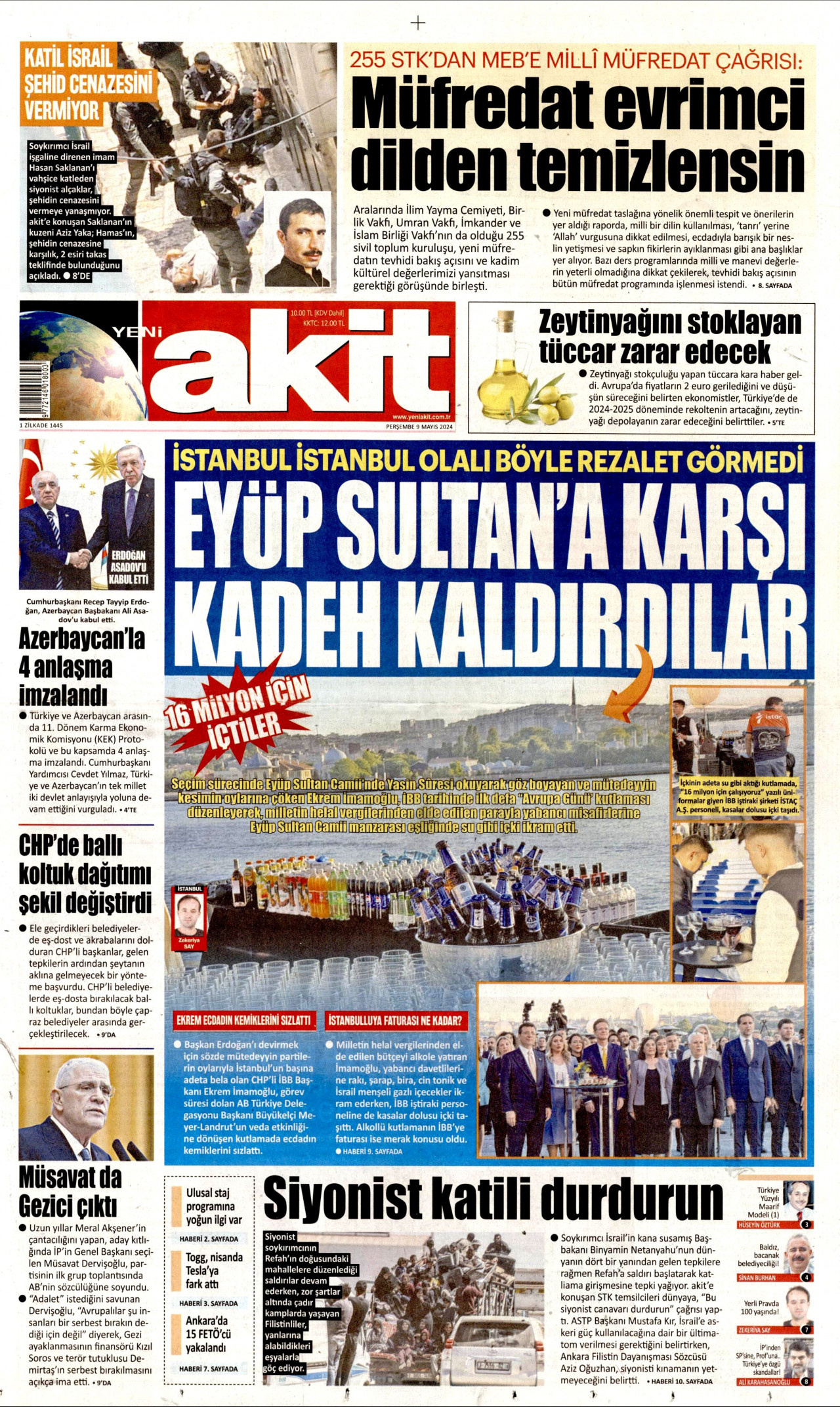 YENİ AKİT gazetesinin 9 Mayıs 2024 tarihli birinci sayfası