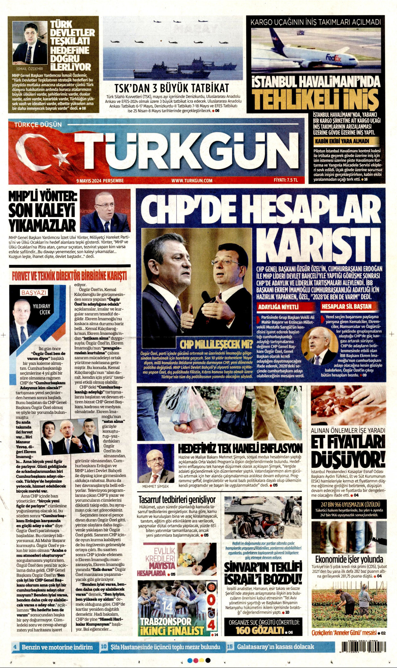 TÜRKGÜN gazetesinin 9 Mayıs 2024 tarihli birinci sayfası