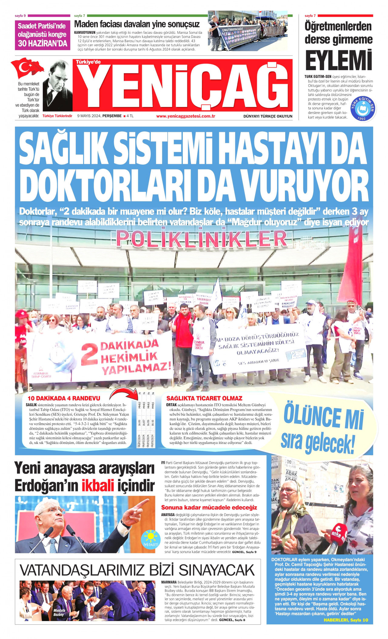 YENİÇAĞ gazetesinin 9 Mayıs 2024 tarihli birinci sayfası