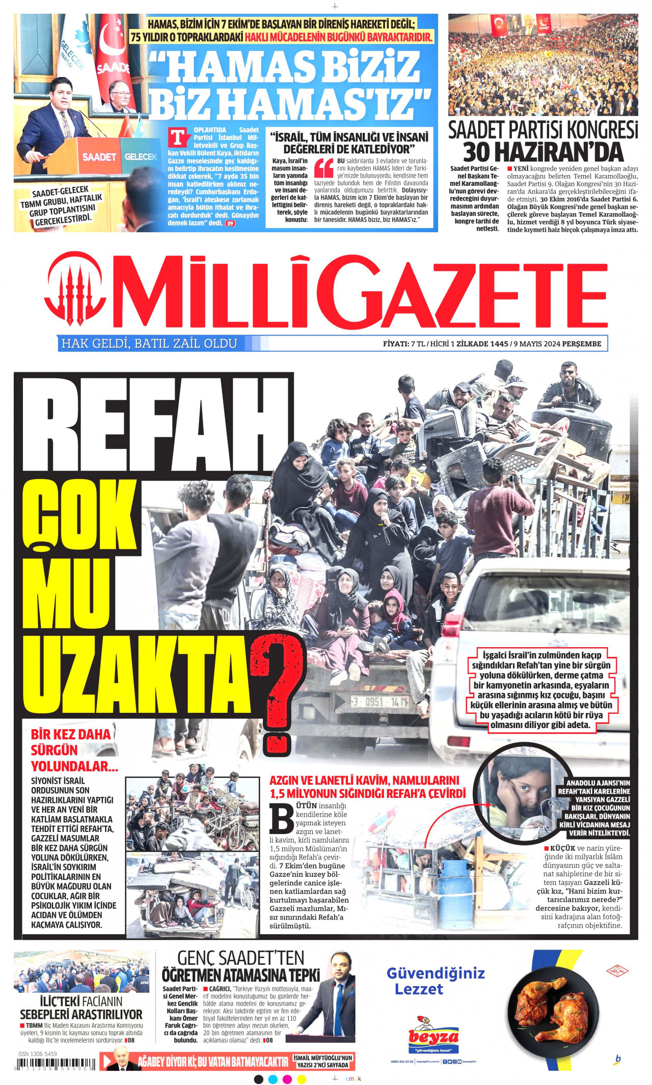 MİLLİ GAZETE gazetesinin 9 Mayıs 2024 tarihli birinci sayfası