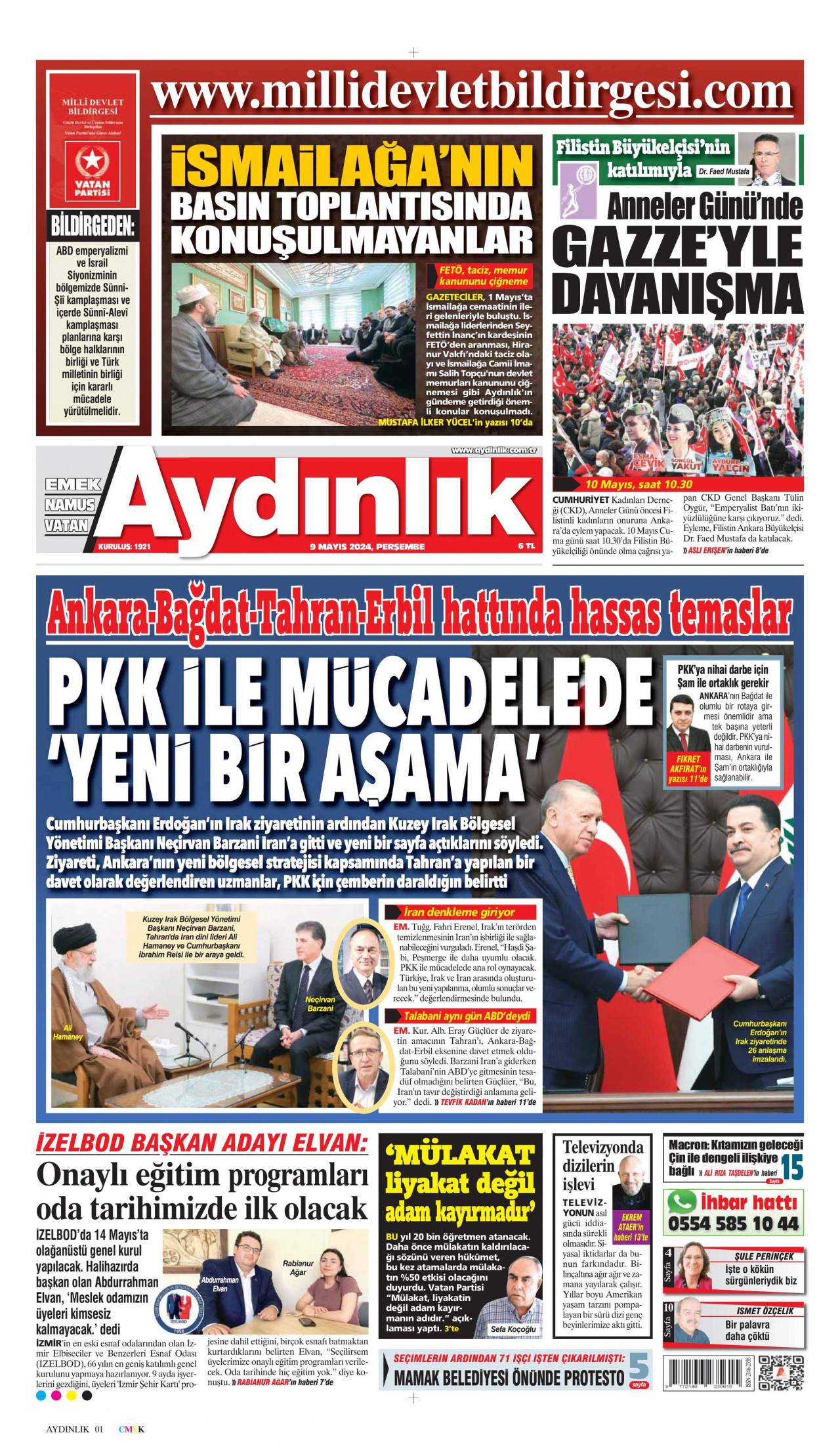 AYDINLIK GAZETESİ gazetesinin 9 Mayıs 2024 tarihli birinci sayfası
