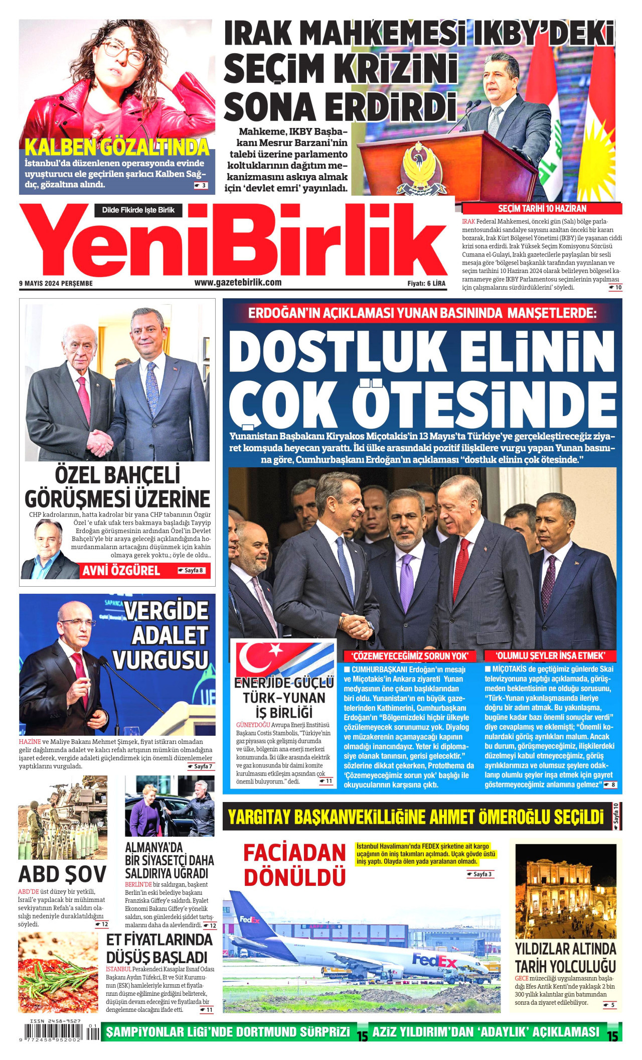 YENİBİRLİK gazetesinin 9 Mayıs 2024 tarihli birinci sayfası