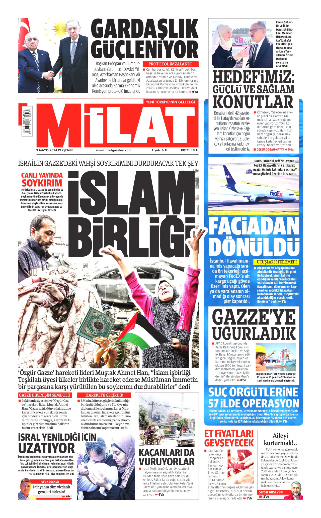 MİLAT gazetesinin 9 Mayıs 2024 tarihli birinci sayfası