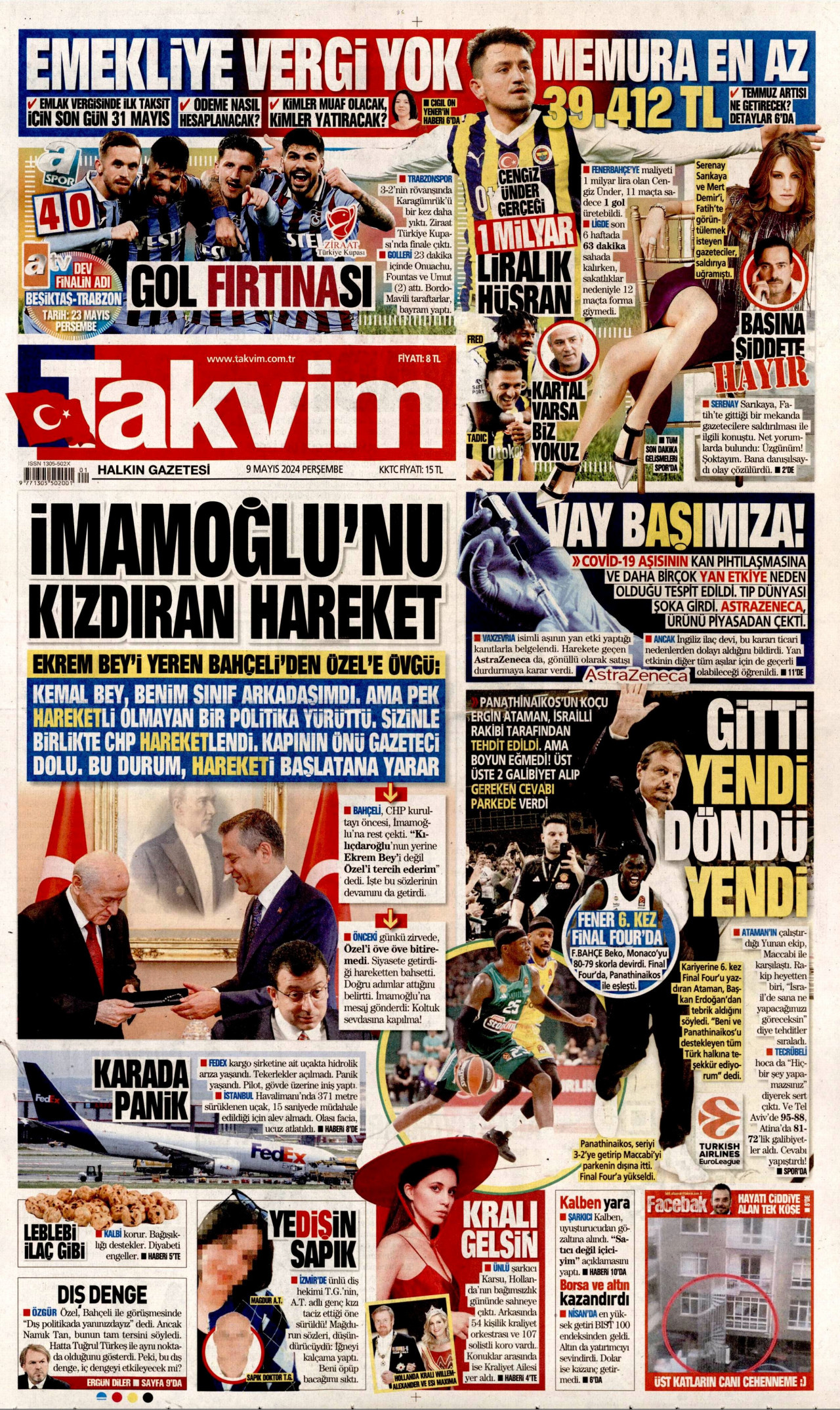 TAKVİM gazetesinin 9 Mayıs 2024 tarihli birinci sayfası