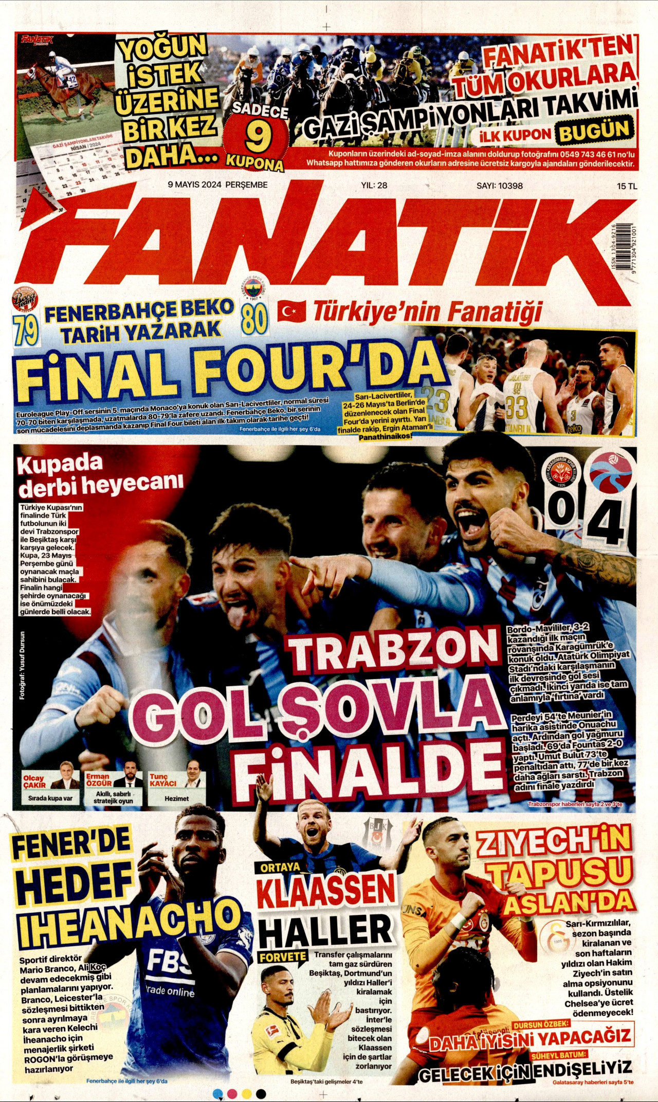 FANATİK gazetesinin 9 Mayıs 2024 tarihli birinci sayfası