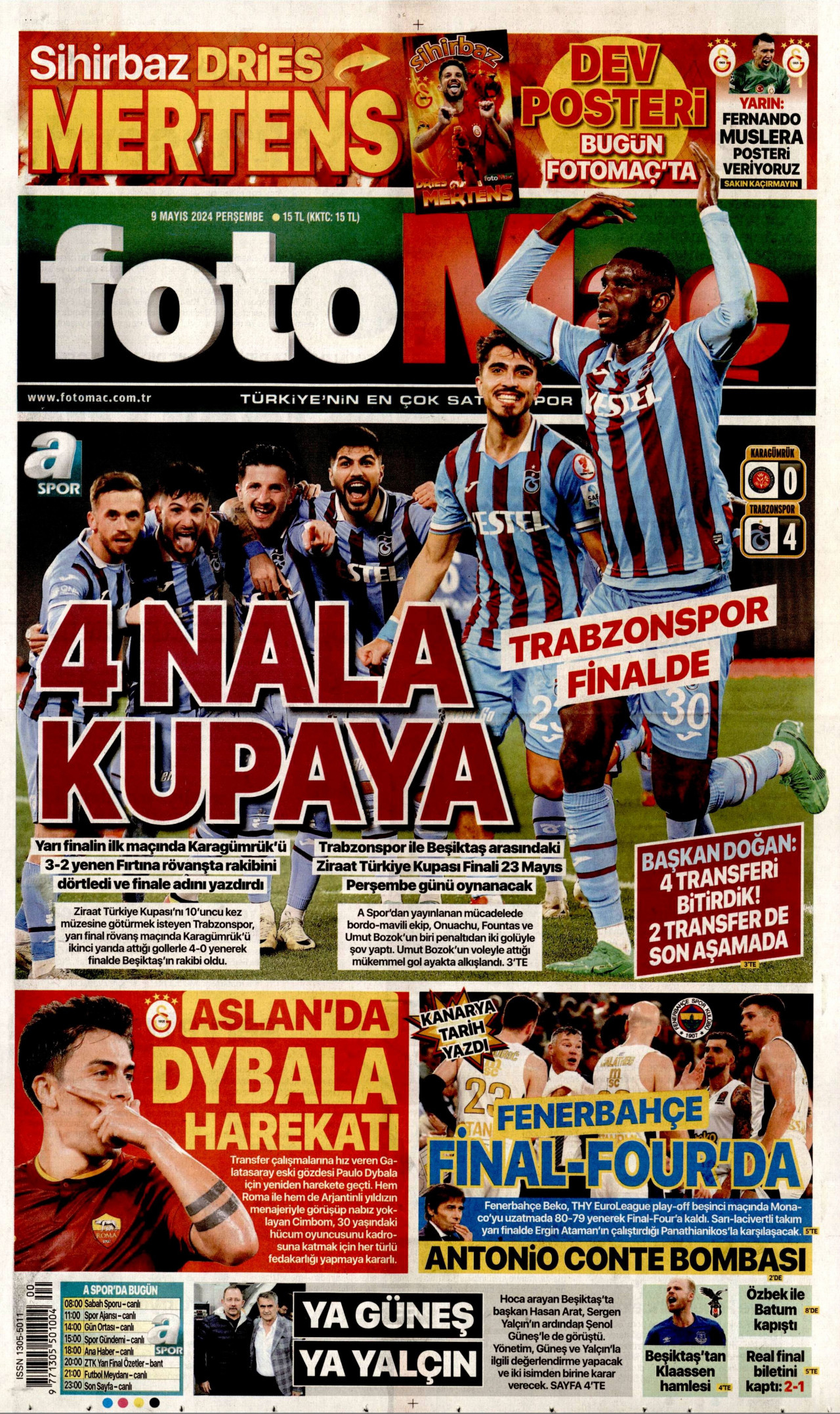 FOTOMAÇ gazetesinin 9 Mayıs 2024 tarihli birinci sayfası
