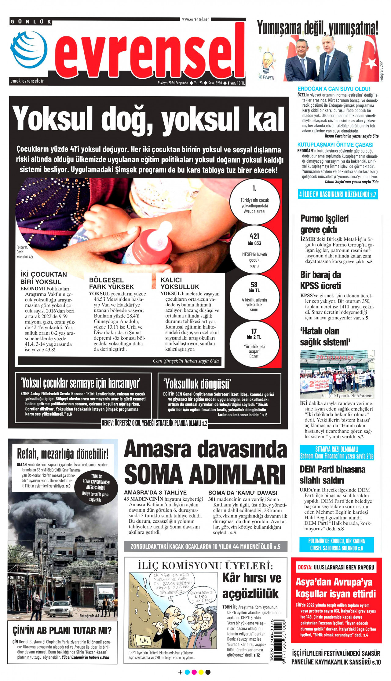 EVRENSEL gazetesinin 9 Mayıs 2024 tarihli birinci sayfası