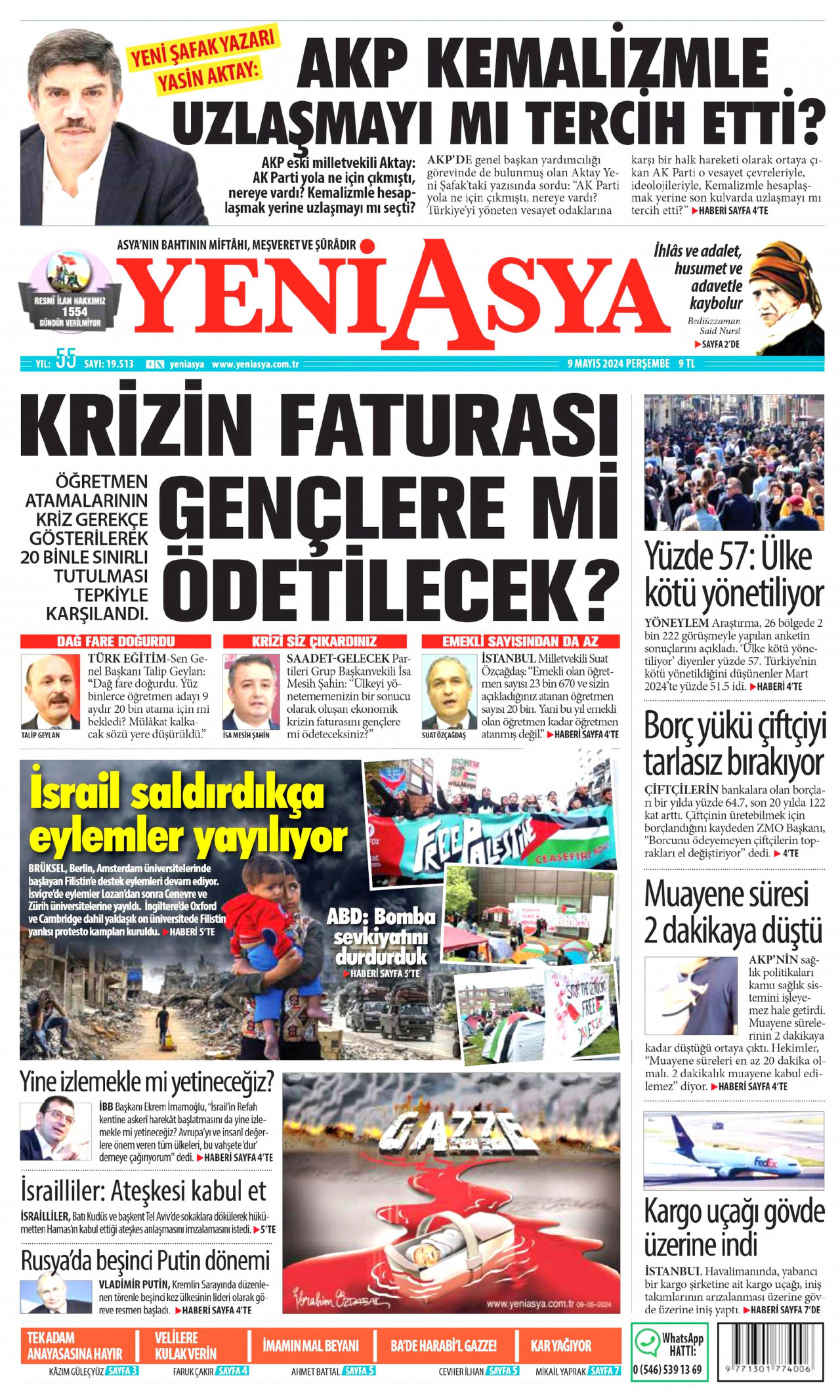 YENİ ASYA gazetesinin 9 Mayıs 2024 tarihli birinci sayfası