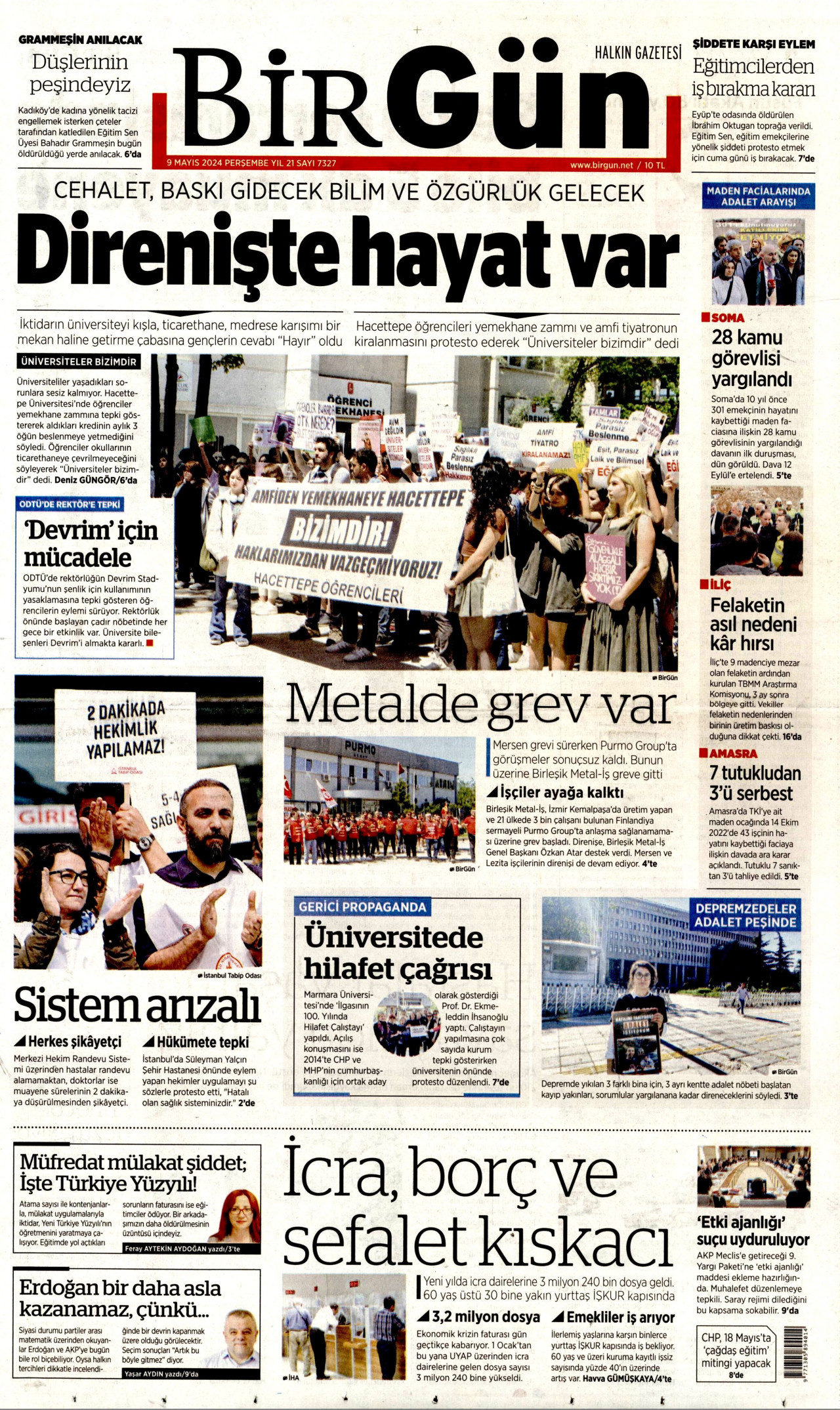 BİRGÜN gazetesinin 9 Mayıs 2024 tarihli birinci sayfası