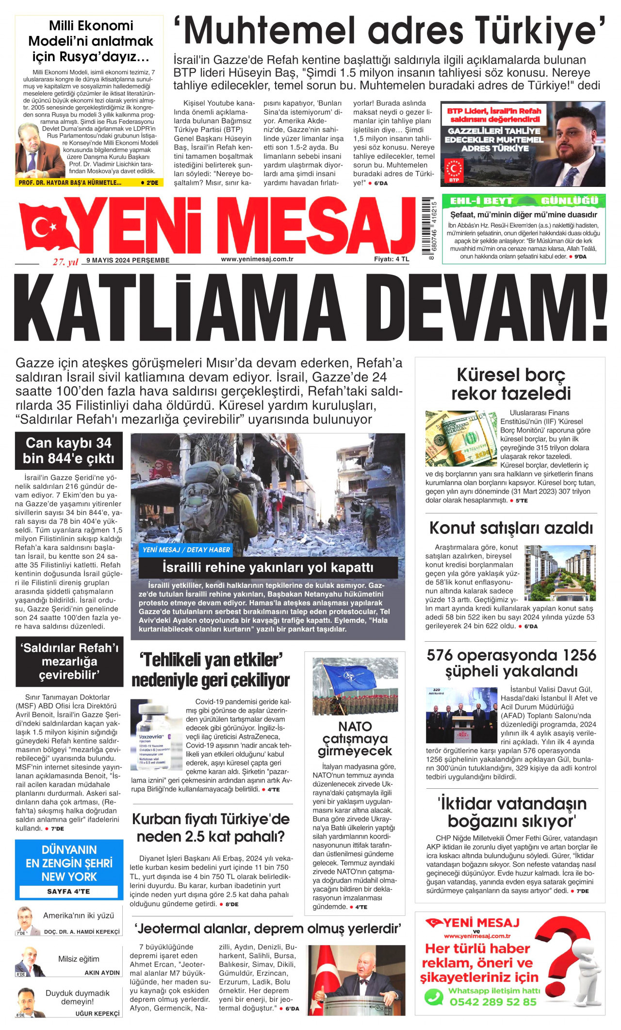 YENİ MESAJ gazetesinin 9 Mayıs 2024 tarihli birinci sayfası