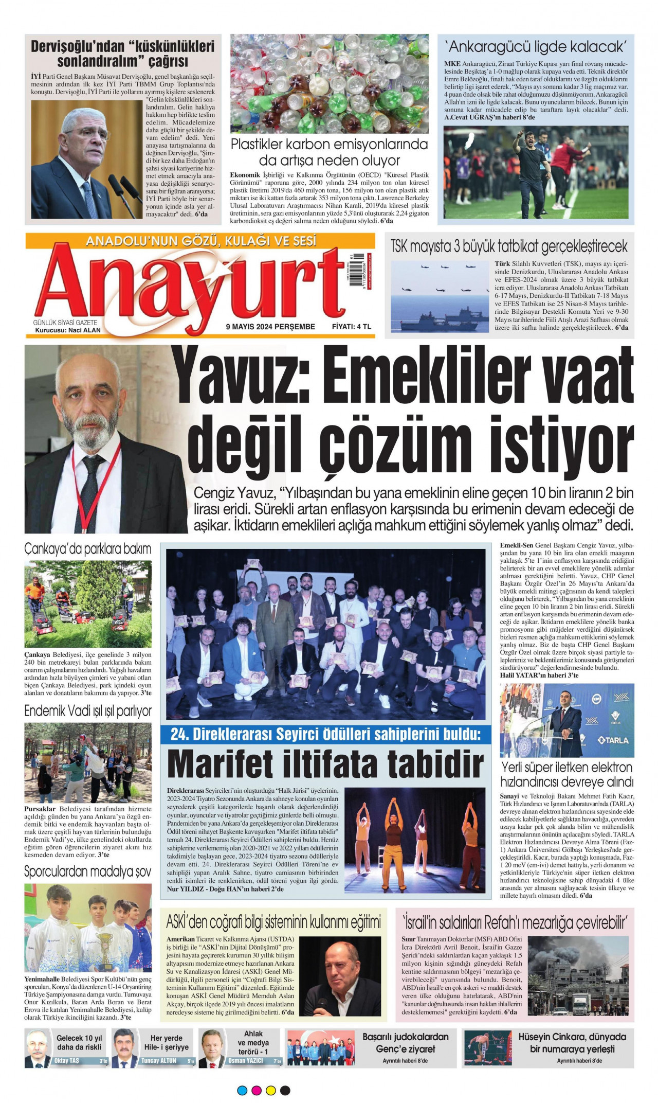 ANAYURT gazetesinin 9 Mayıs 2024 tarihli birinci sayfası