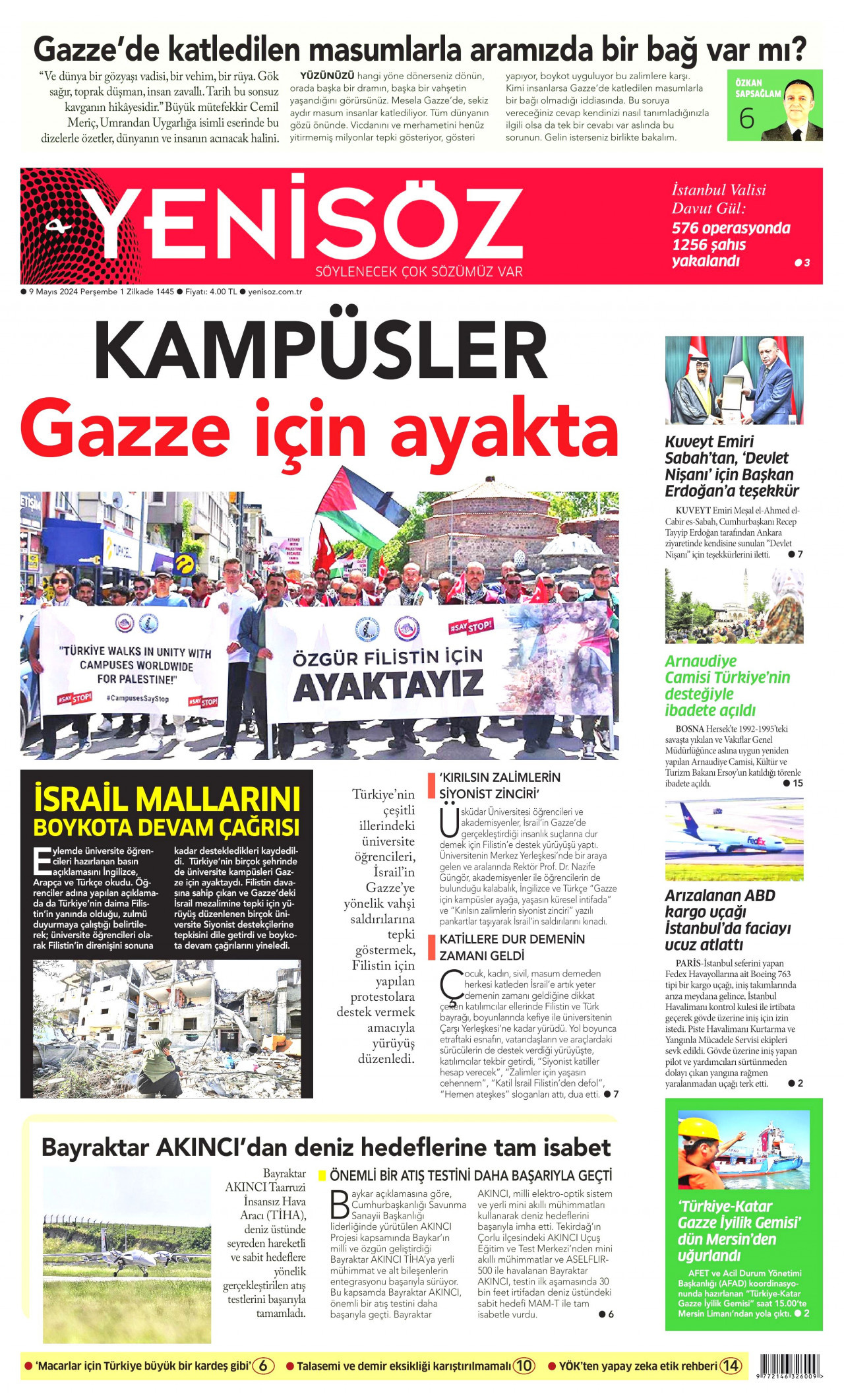 YENİ SÖZ GAZETESİ gazetesinin 9 Mayıs 2024 tarihli birinci sayfası
