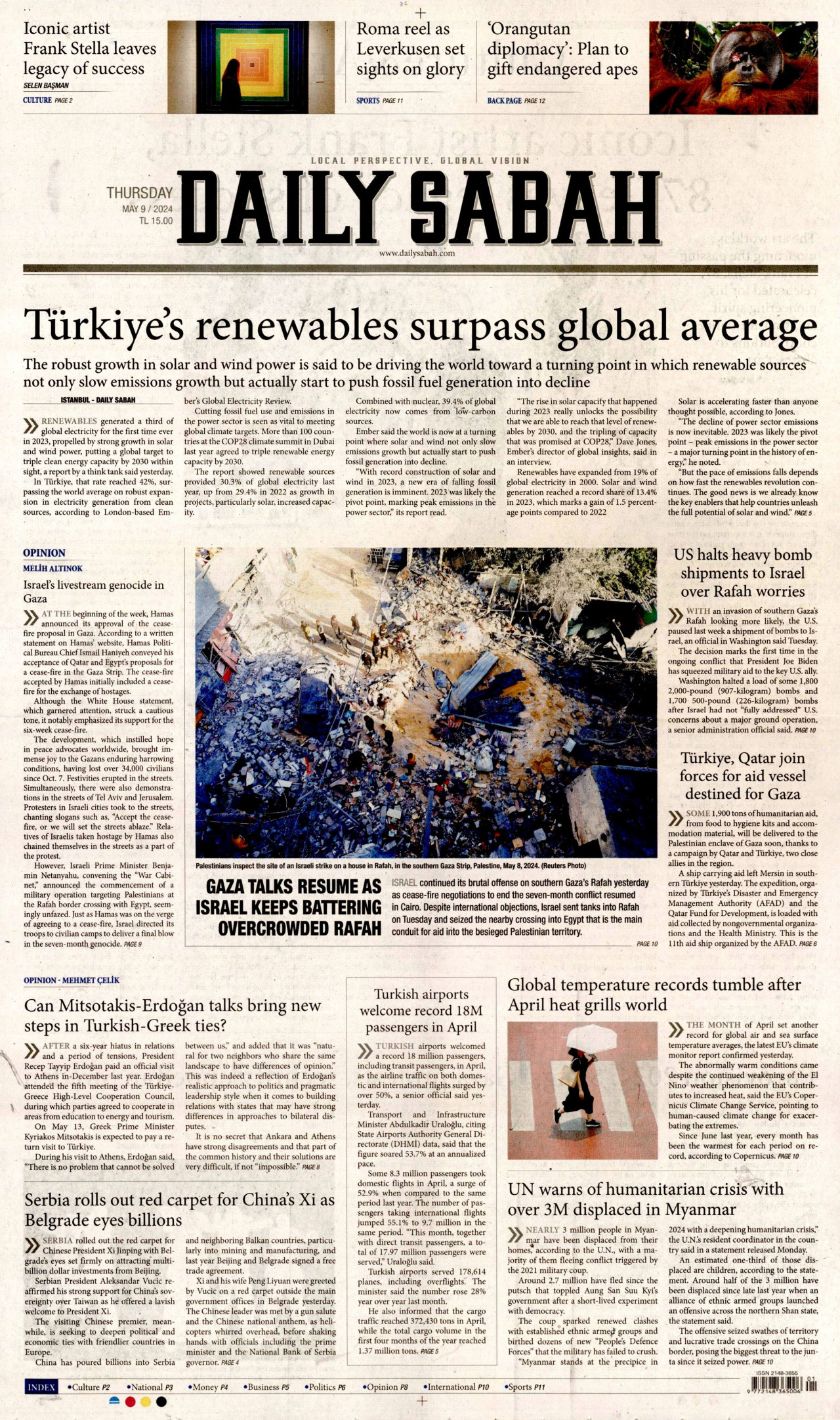 DAİLY SABAH gazetesinin 9 Mayıs 2024 tarihli birinci sayfası