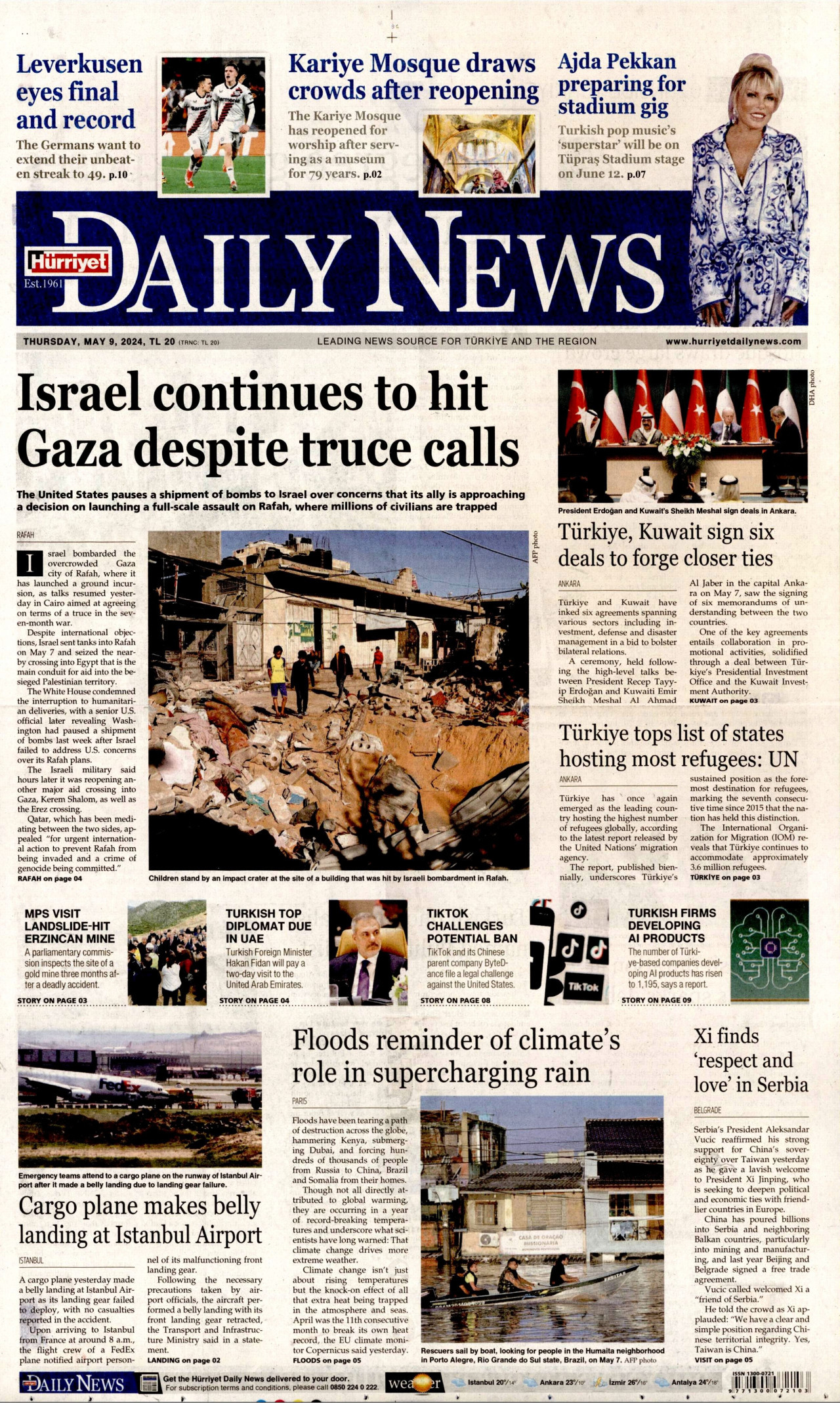 HÜRRİYET DAİLY NEWS gazetesinin 9 Mayıs 2024 tarihli birinci sayfası