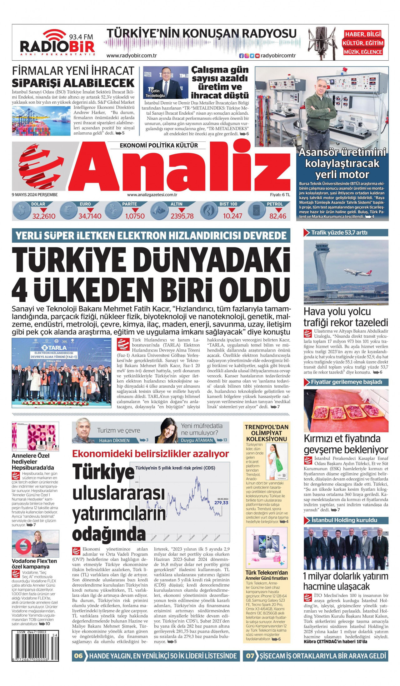 ANALİZ gazetesinin 9 Mayıs 2024 tarihli birinci sayfası