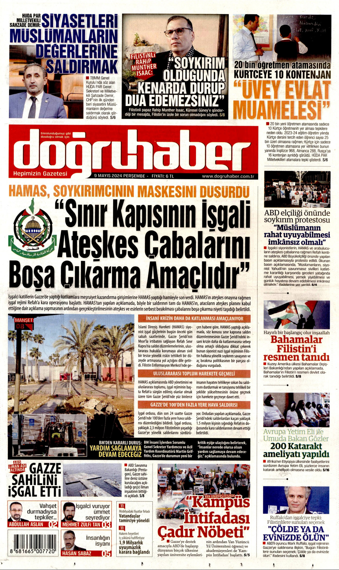 DOĞRU HABER gazetesinin 9 Mayıs 2024 tarihli birinci sayfası