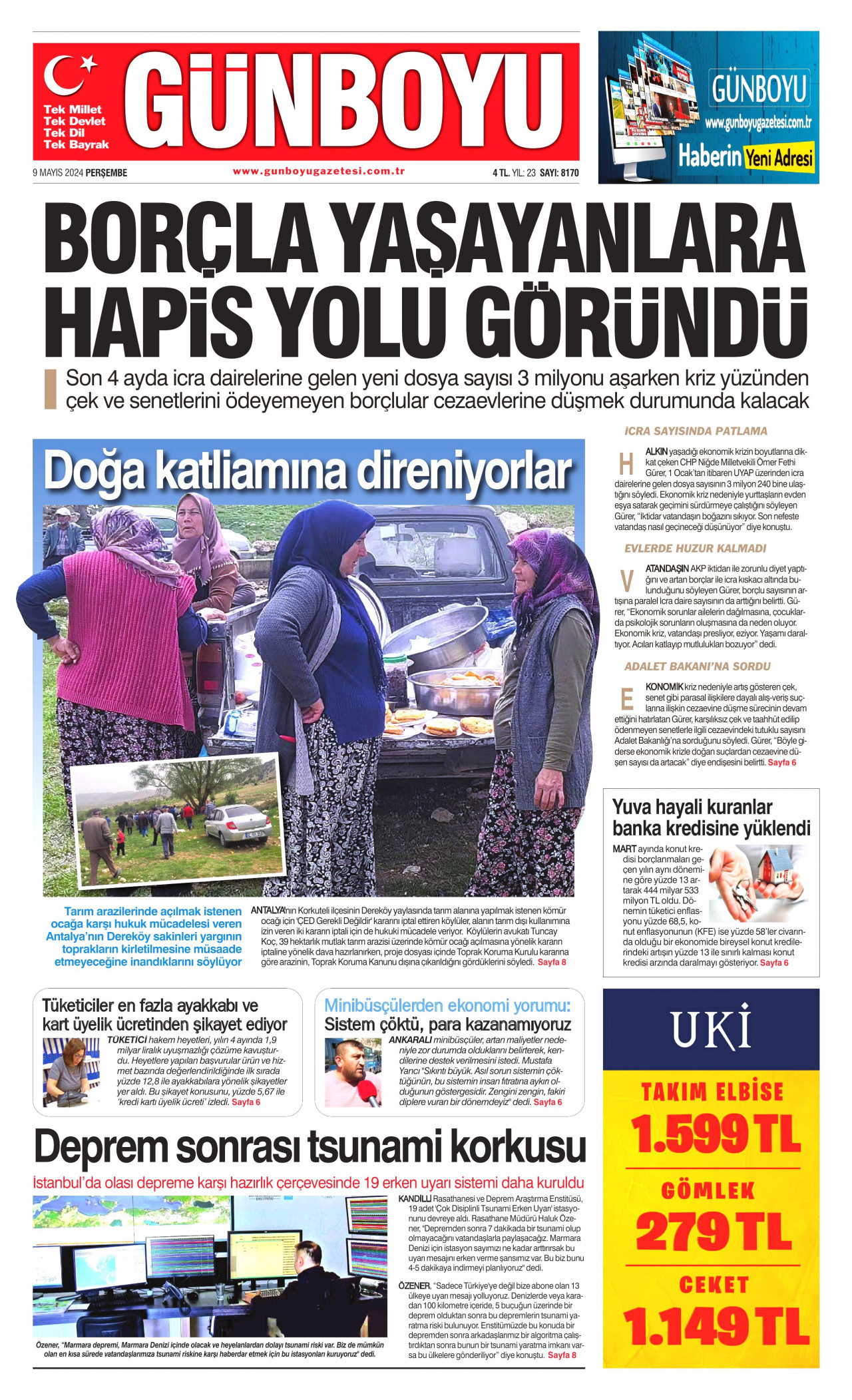 GÜNBOYU gazetesinin 9 Mayıs 2024 tarihli birinci sayfası