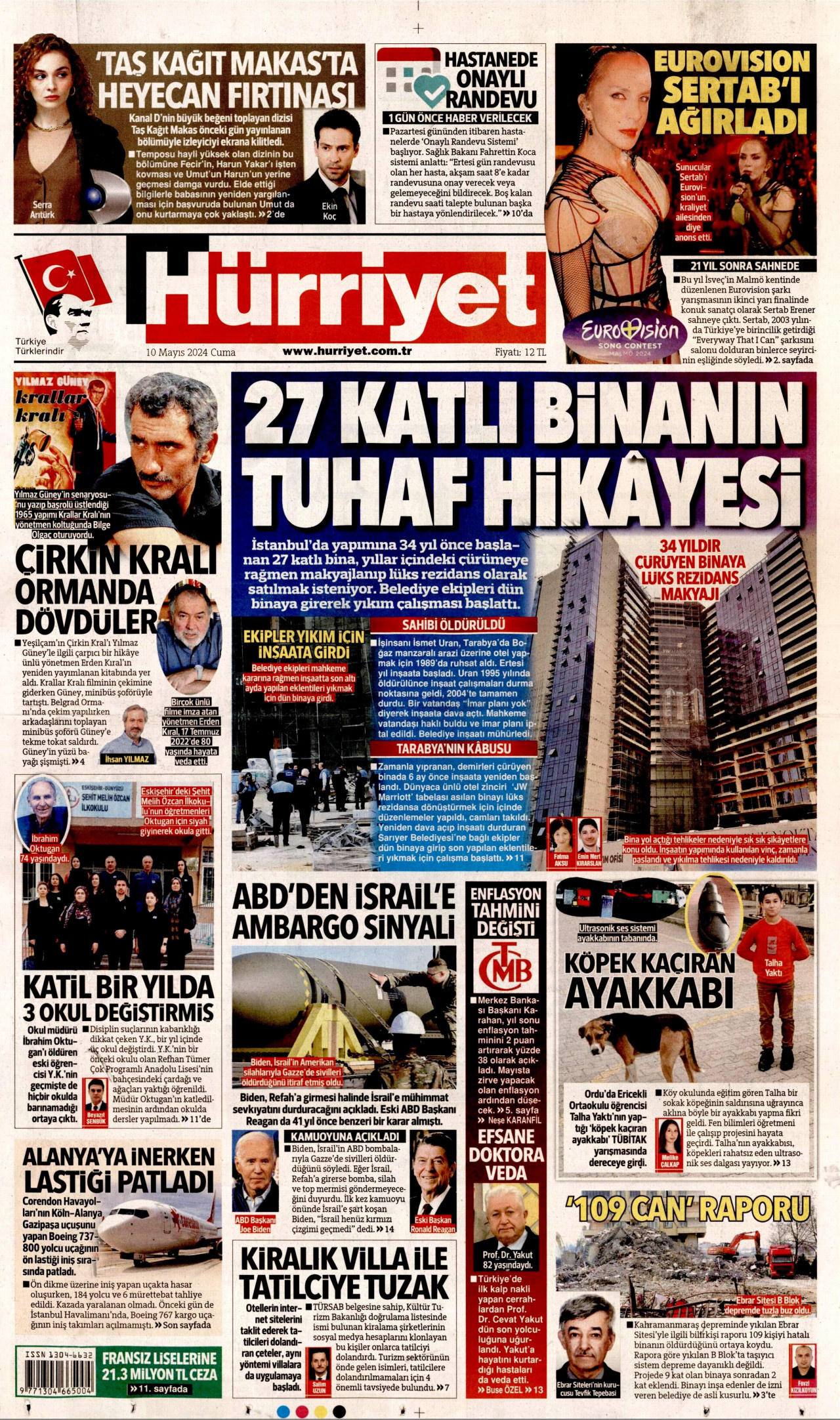 HÜRRİYET gazetesinin 10 Mayıs 2024 tarihli birinci sayfası