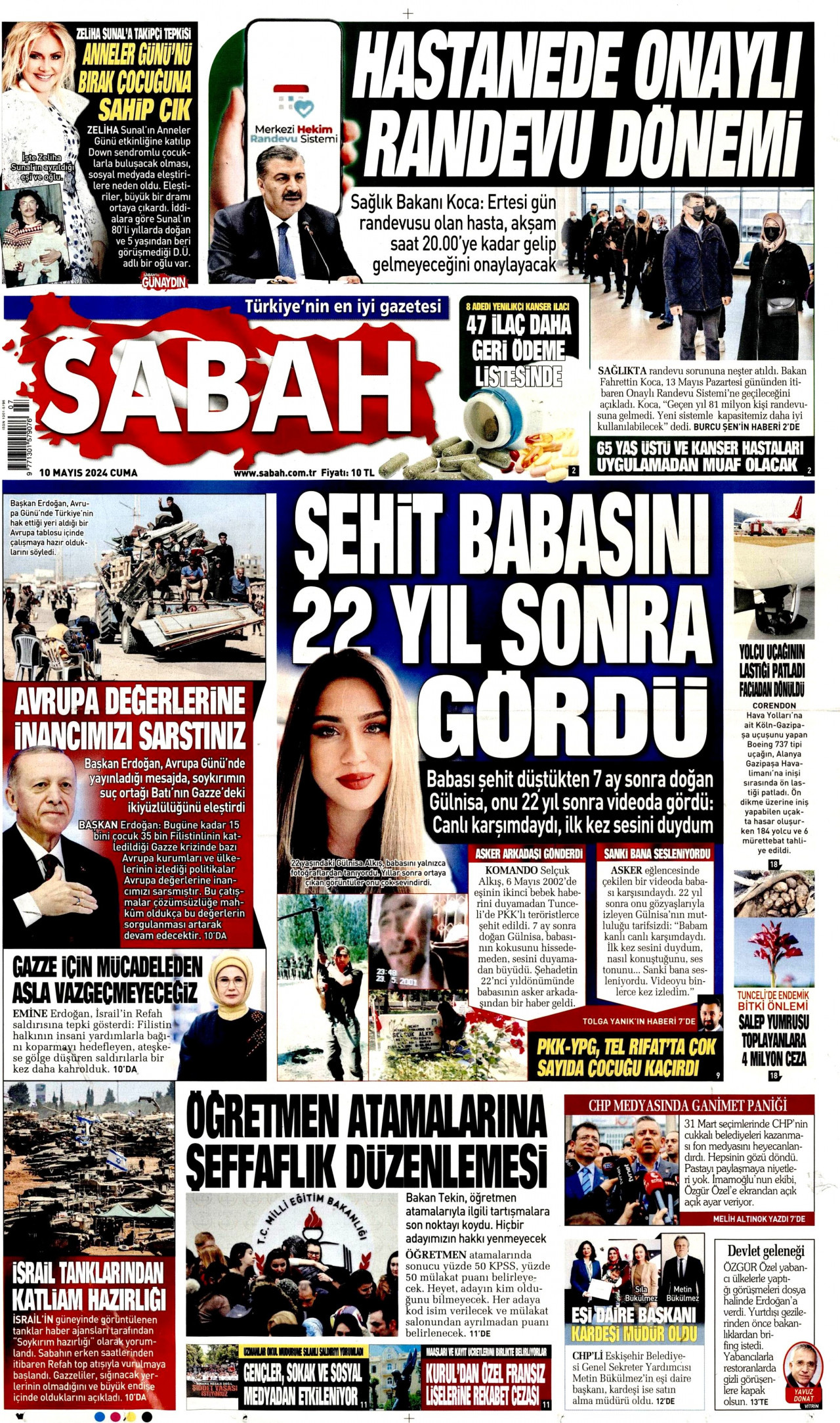 SABAH gazetesinin 10 Mayıs 2024 tarihli birinci sayfası