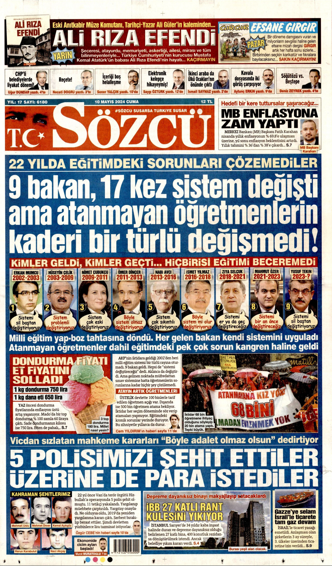 SÖZCÜ gazetesinin 10 Mayıs 2024 tarihli birinci sayfası