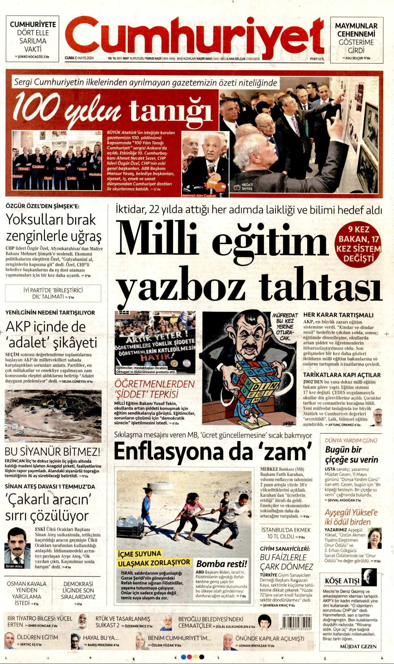 CUMHURİYET gazetesinin 10 Mayıs 2024 tarihli birinci sayfası