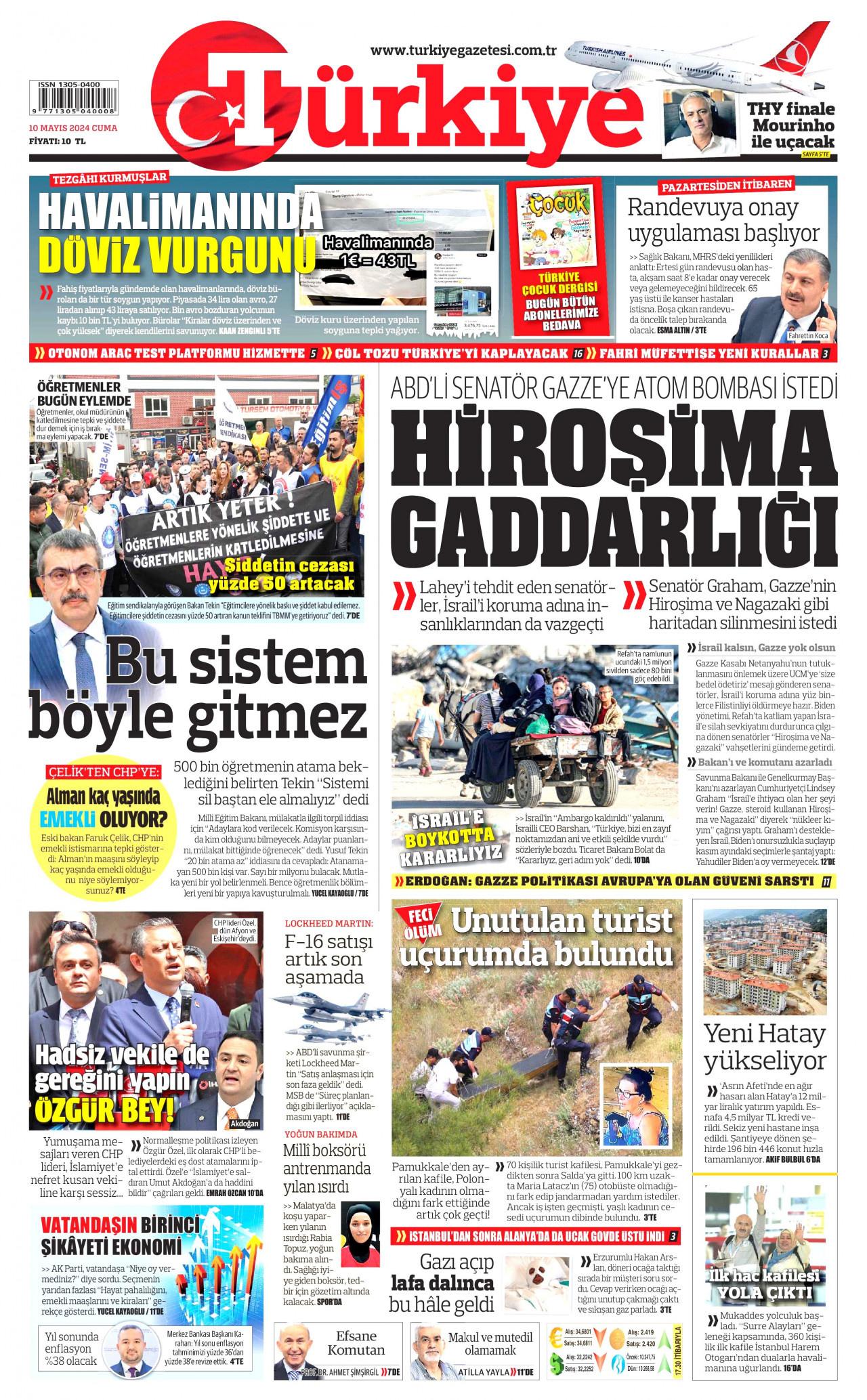 TÜRKİYE GAZETESİ gazetesinin 10 Mayıs 2024 tarihli birinci sayfası