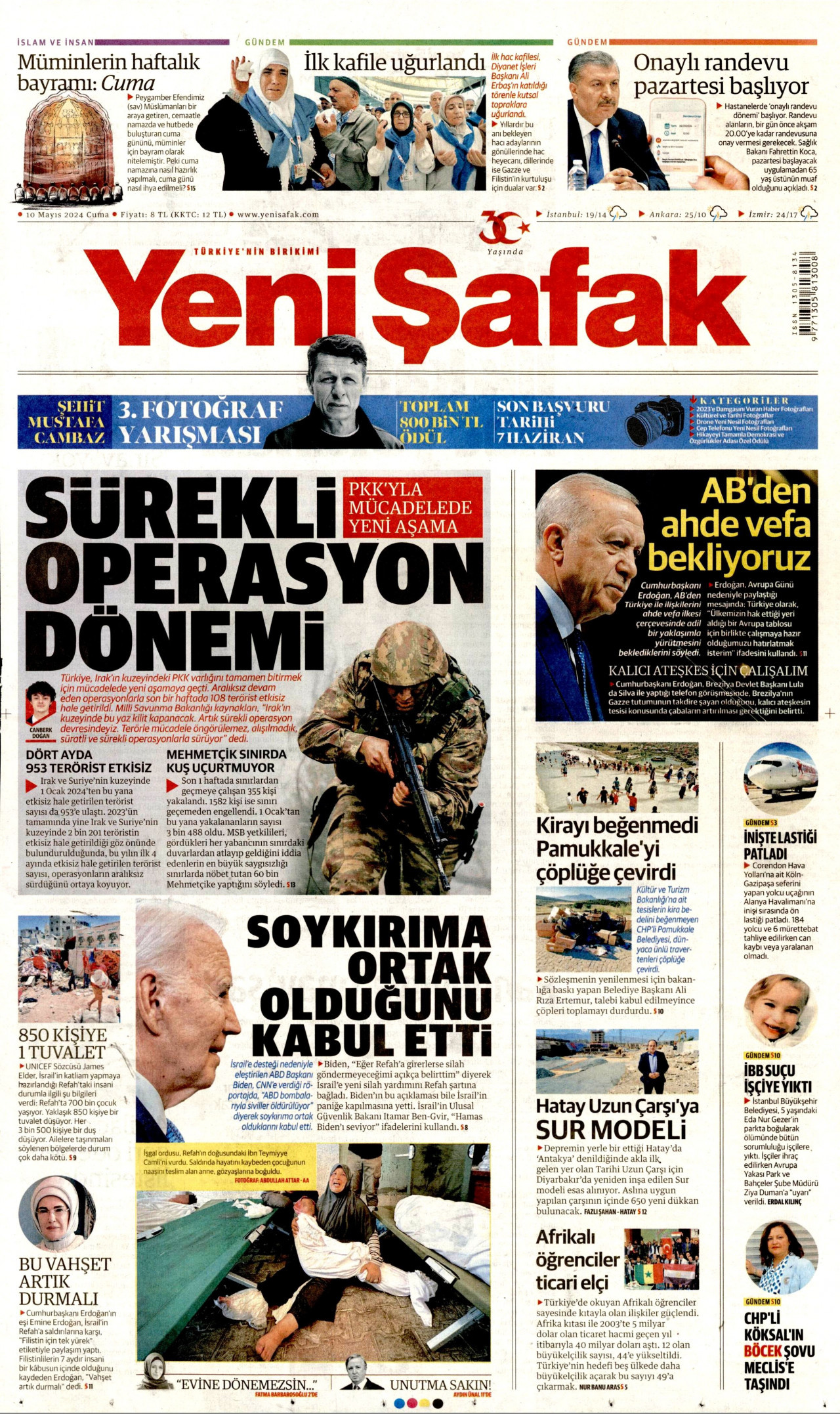 YENİ ŞAFAK gazetesinin 10 Mayıs 2024 tarihli birinci sayfası