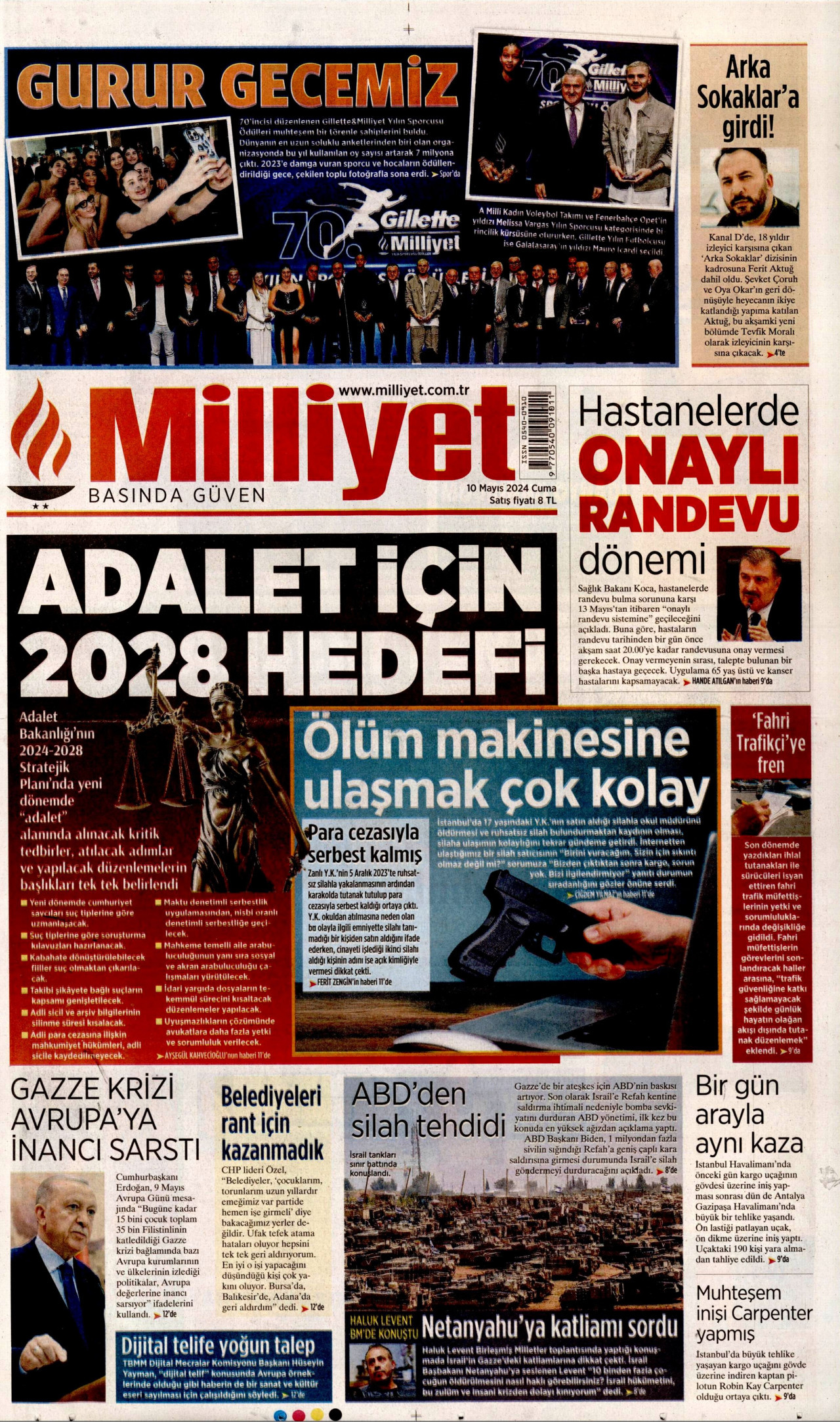 MİLLİYET gazetesinin 10 Mayıs 2024 tarihli birinci sayfası